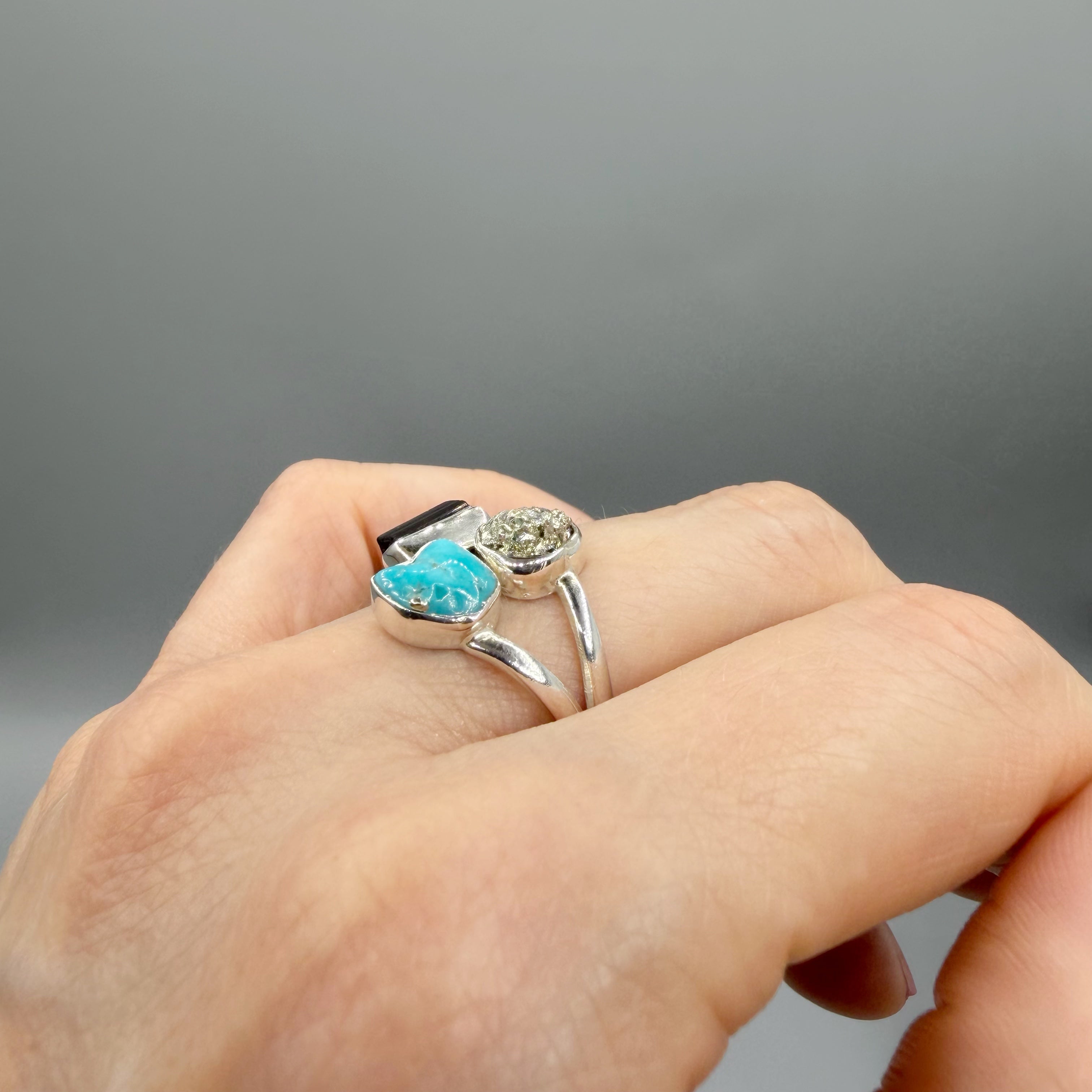 Anello Pirite, Turchese, Tormalina - Argento 925