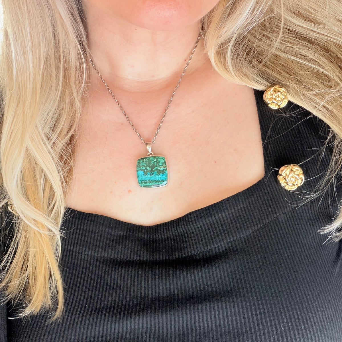 Ciondolo Malachite e Crisocolla Argento 925 - Quadrata