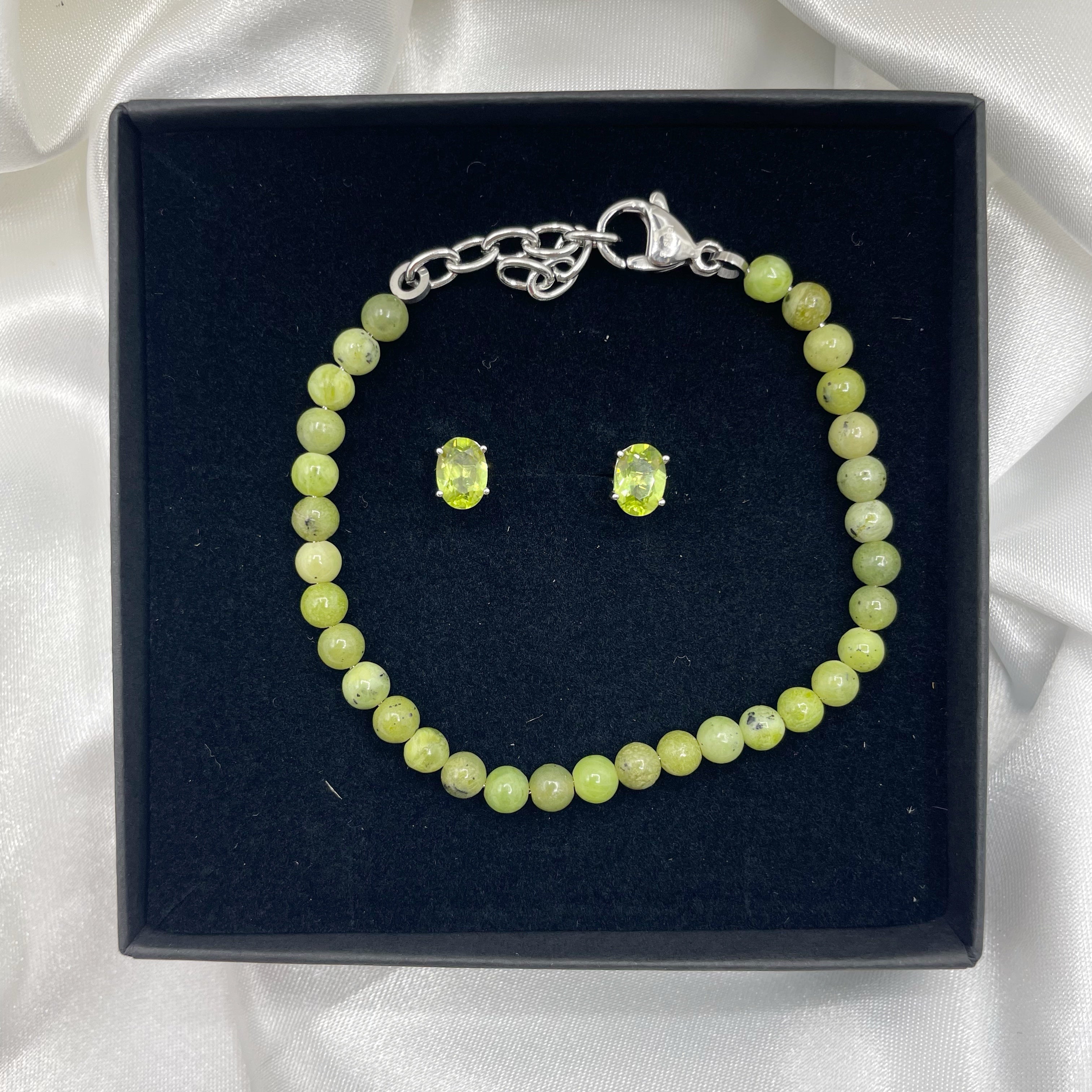 Set Bracciale Giada nefrite e Orecchini a Lobo Peridoto