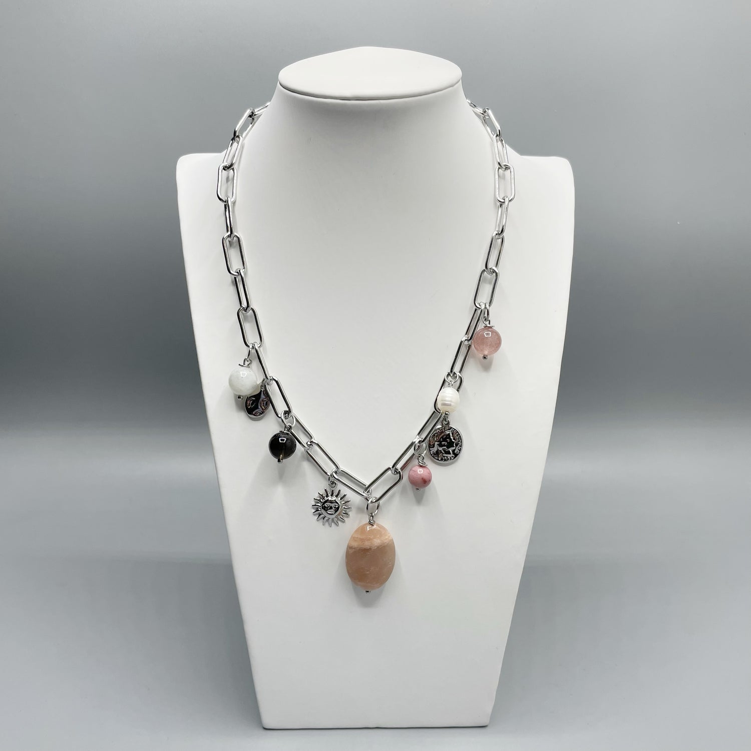 Girocollo Happiness Silver - Super Seven, Pietre di Luna, Rodonite, Labradorite, Fumè