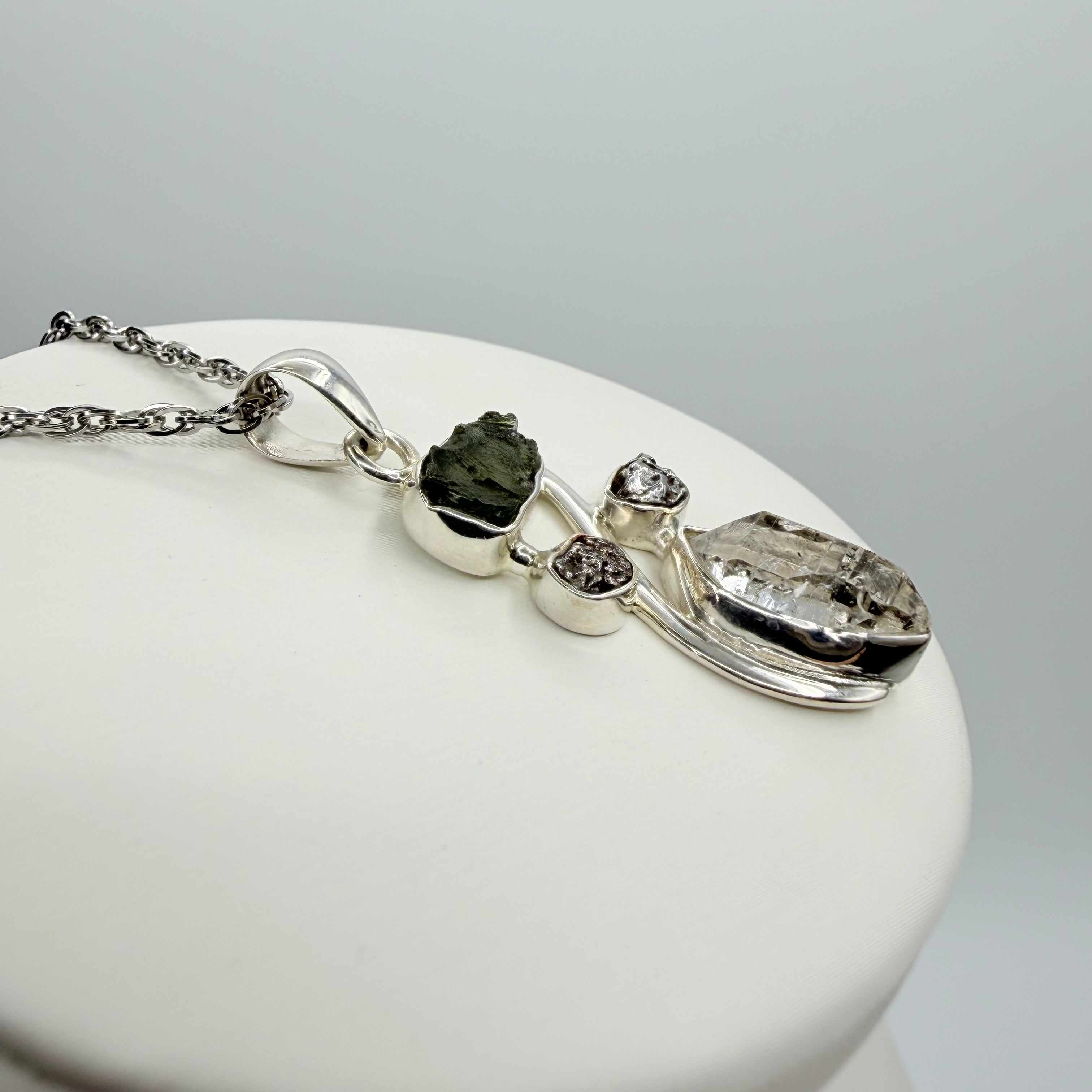 Ciondolo Moldavite, Campo del Cielo, Diamante Herkimer - Argento 925