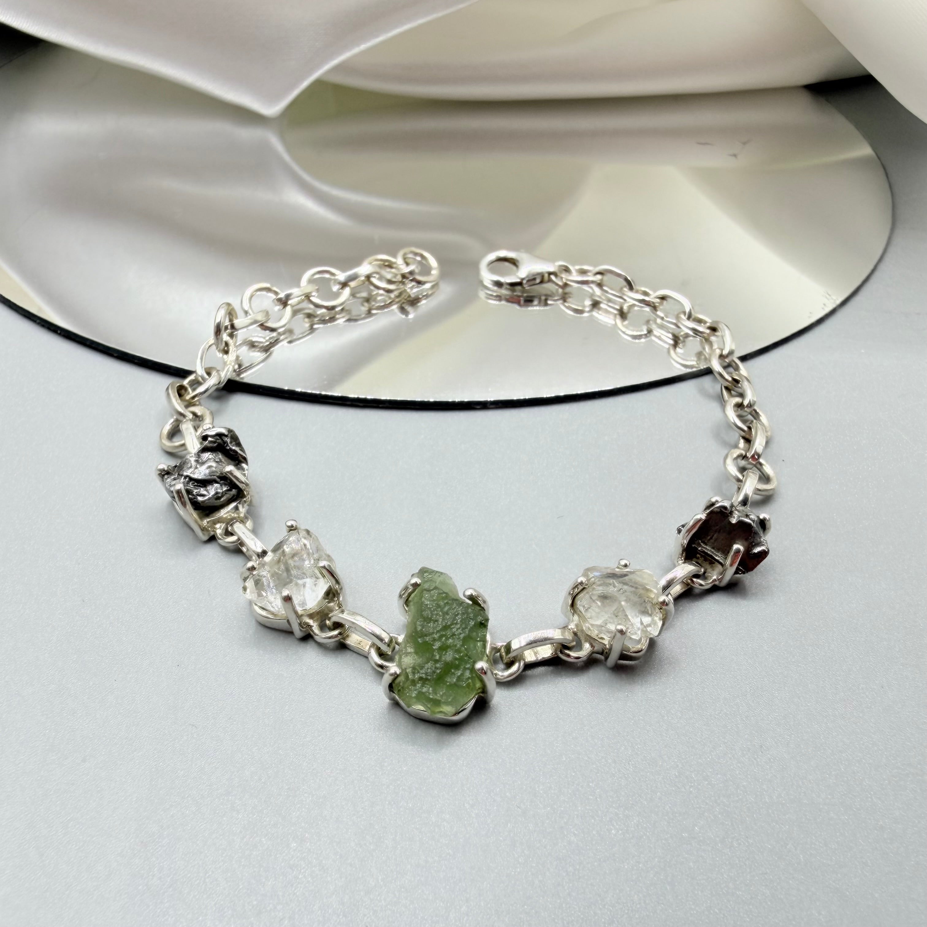 Bracciale Moldavite, Herkimer, Meteorite Campo del Cielo | Argento 925