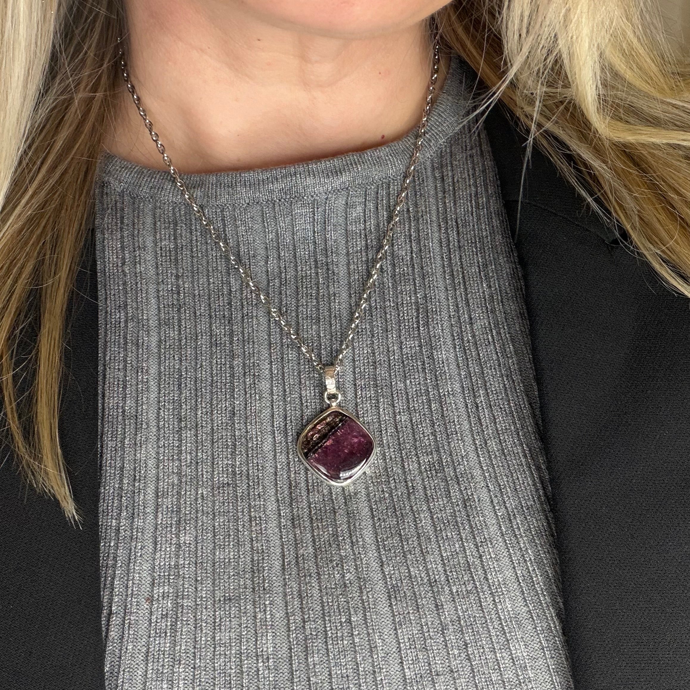Ciondolo Tormalina Rosa Watermelon Rombo - Argento 925