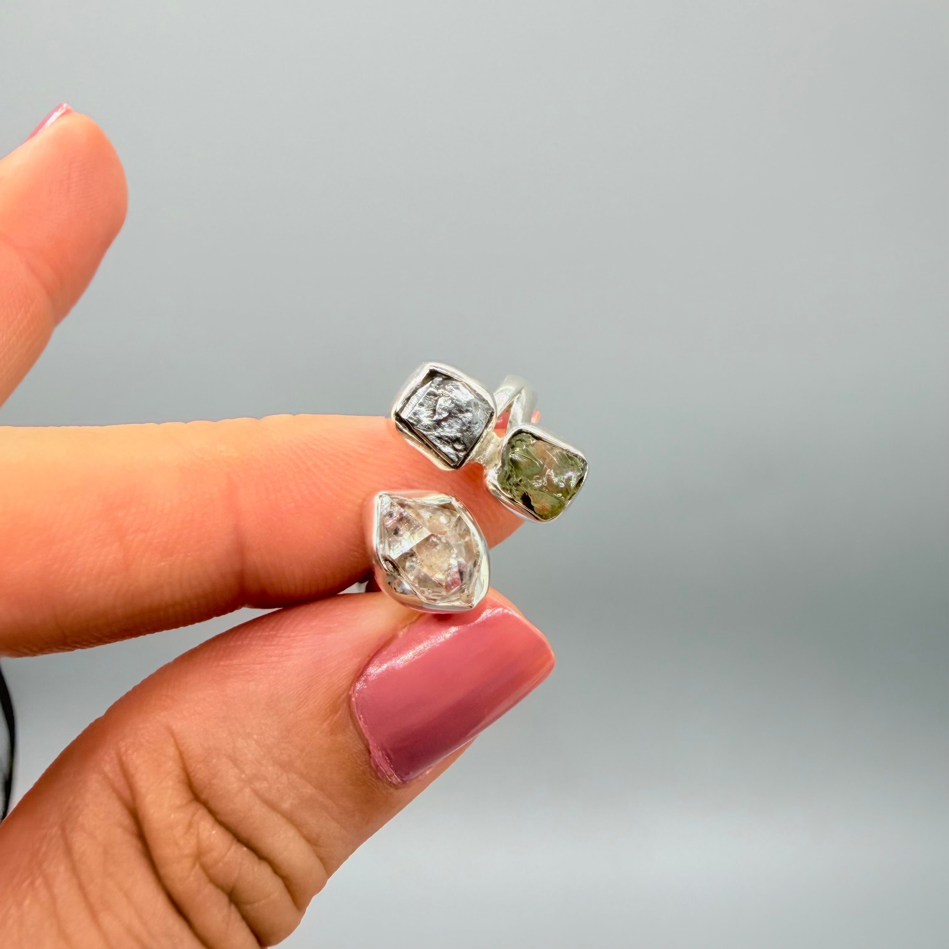 Anello Moldavite, Campo del Cielo e Diamante Herkimer | Argento 925