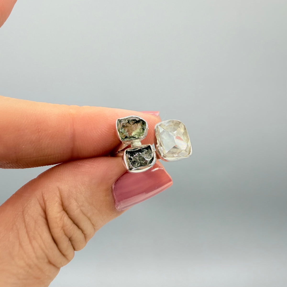 Anello Moldavite, Campo del Cielo e Diamante Herkimer | Argento 925
