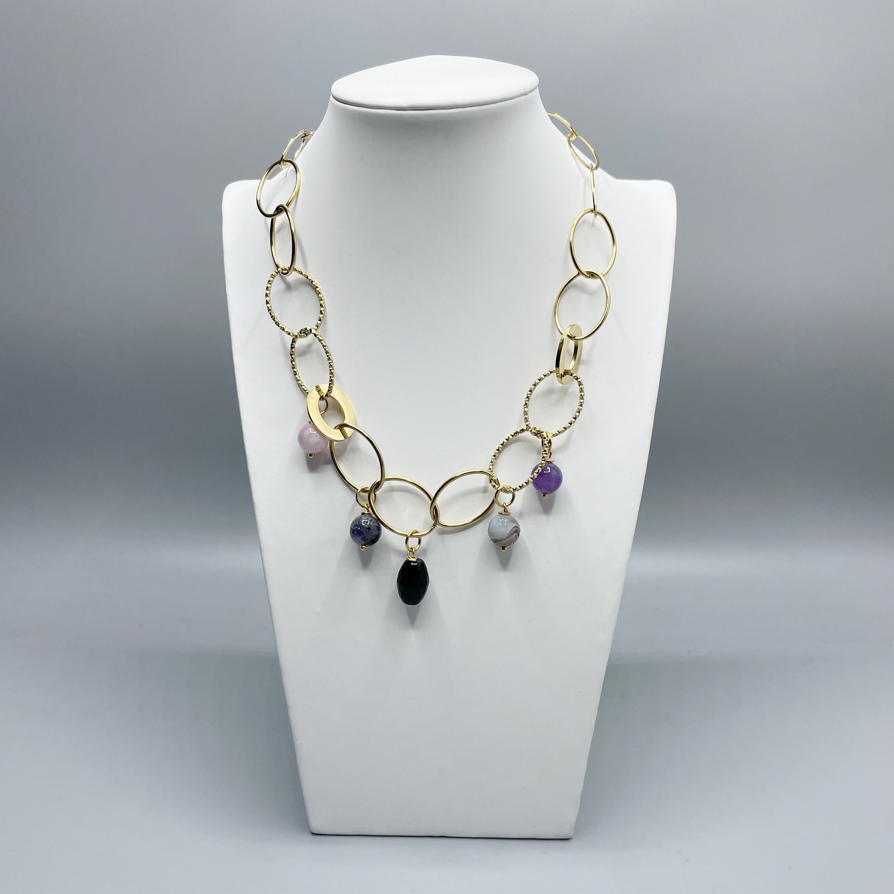 Girocollo Rinascita Gold - Kunzite, Larvikite, Onice, Occhio di Shiva, Super Seven