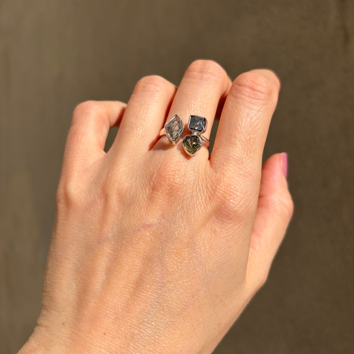 Anello Moldavite, Campo del Cielo e Diamante Herkimer | Argento 925