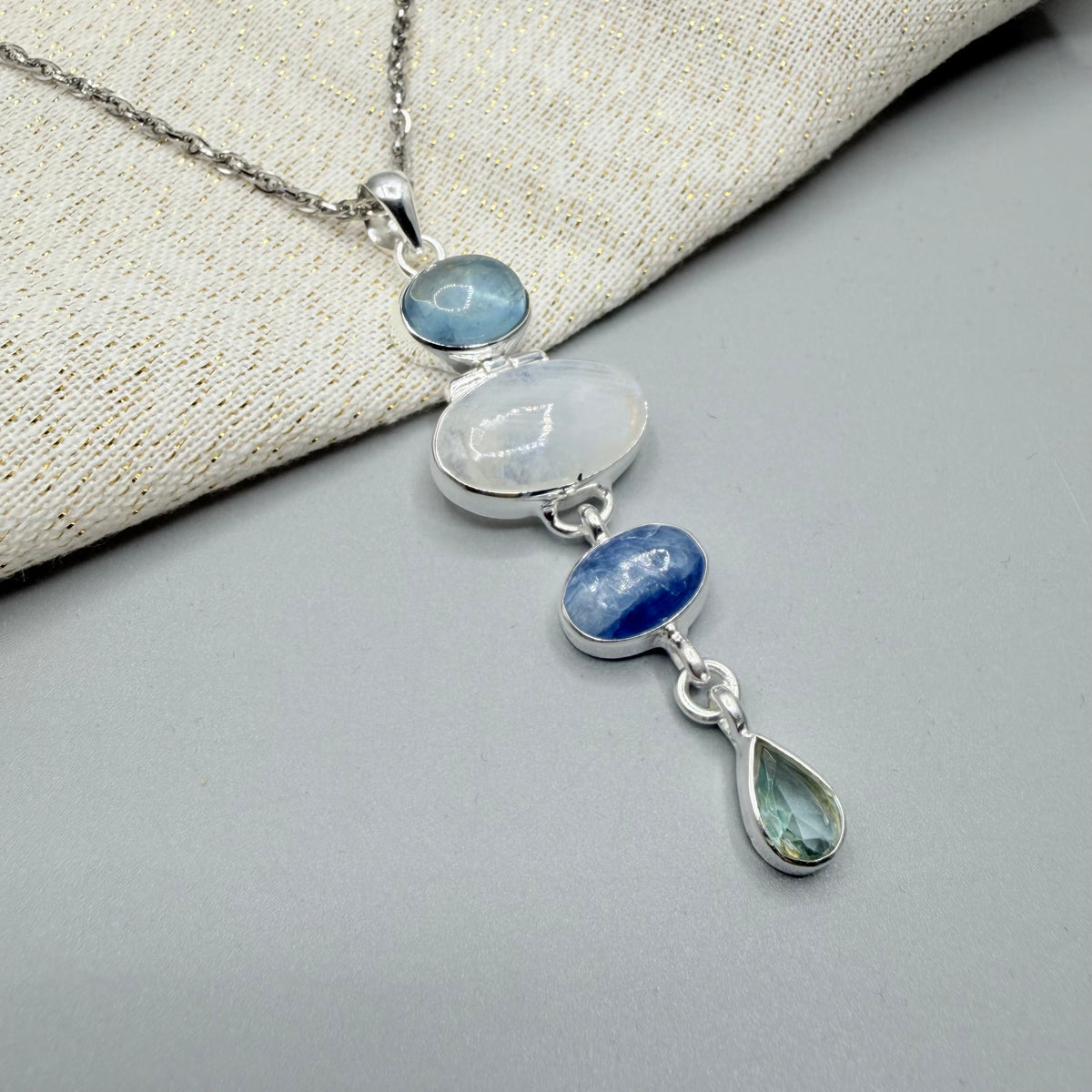 Ciondolo Acquamarina, Labradorite, Cianite, Quarzo - Argento 925