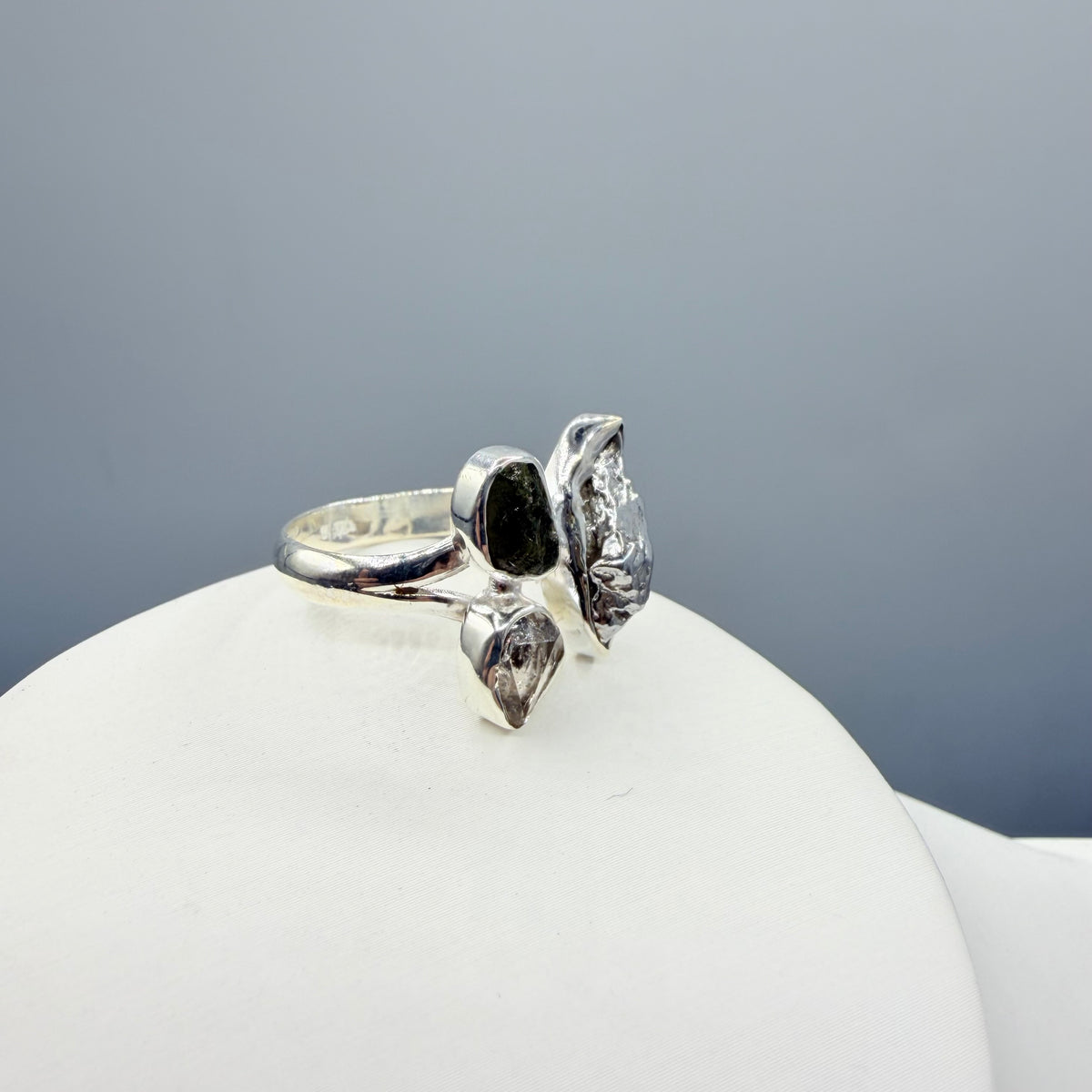 Anello Moldavite, Campo del Cielo e Diamante Herkimer | Argento 925