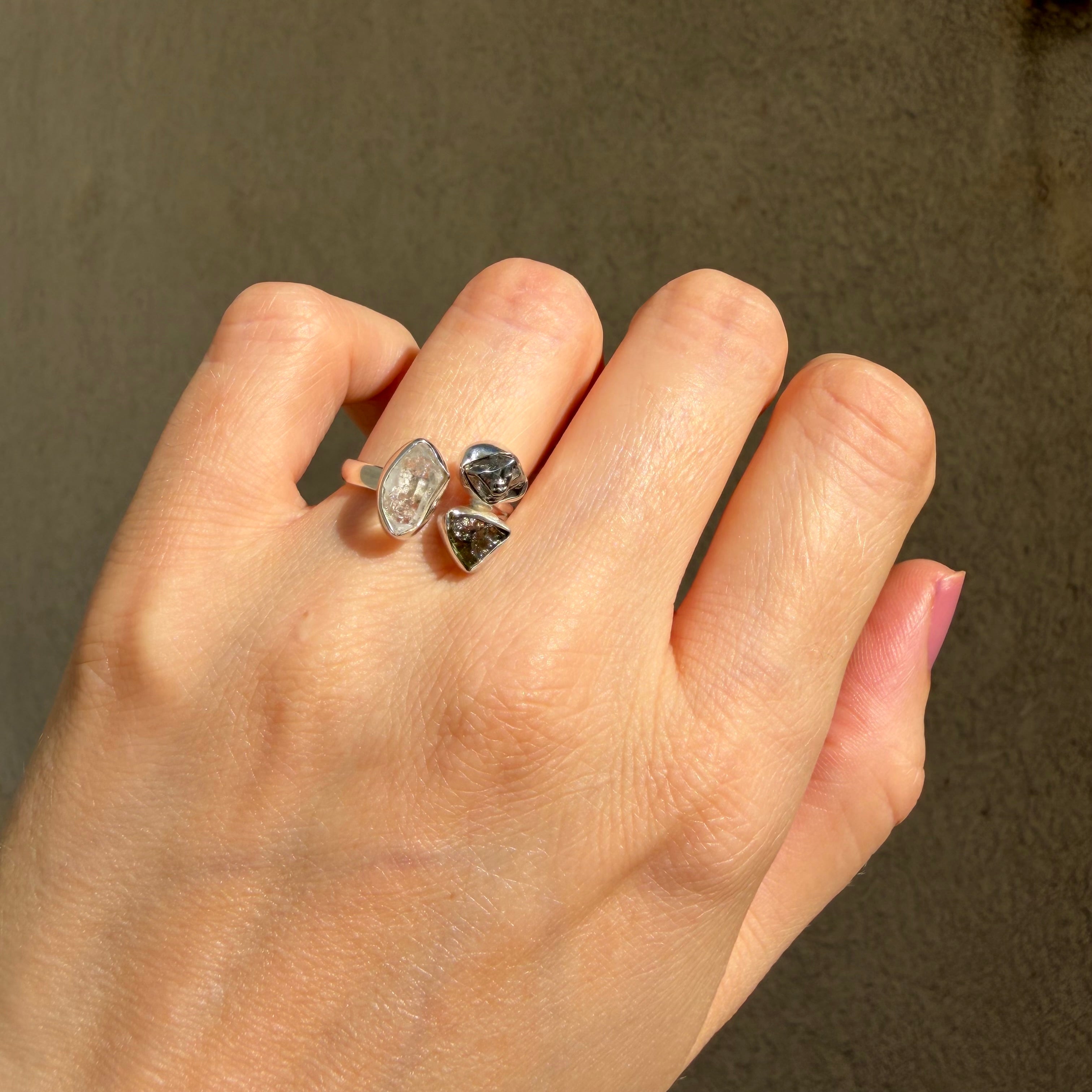Anello Moldavite, Campo del Cielo e Diamante Herkimer | Argento 925