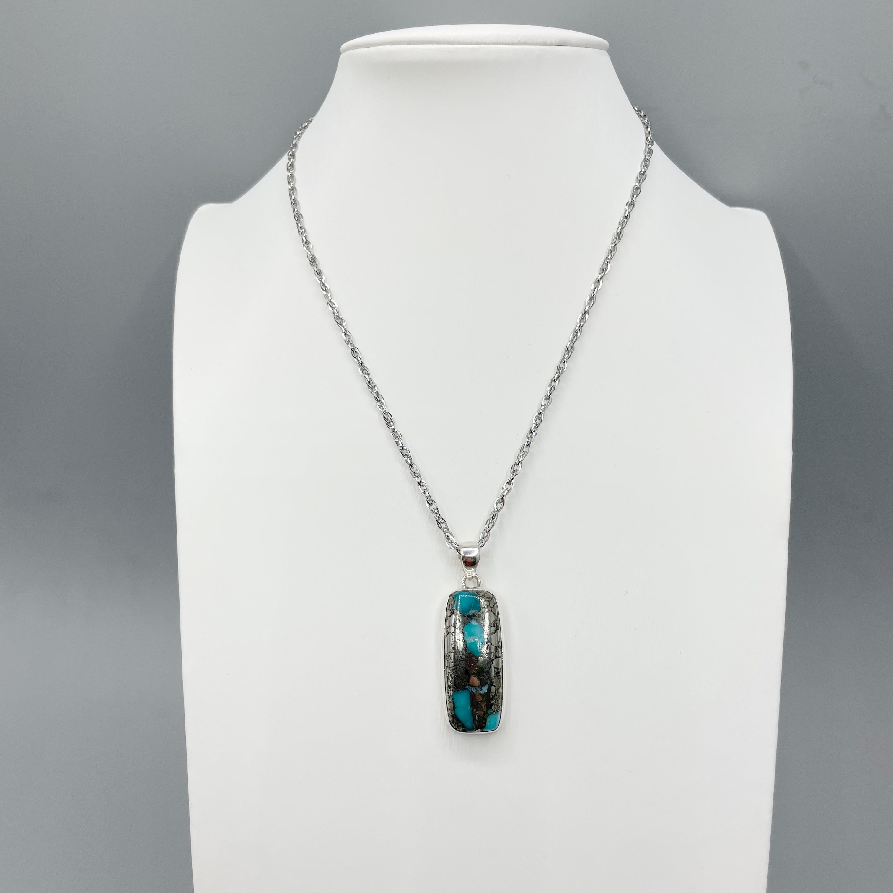 Ciondolo Turchese Naturale in Pirite | Argento 925 - rettangolare