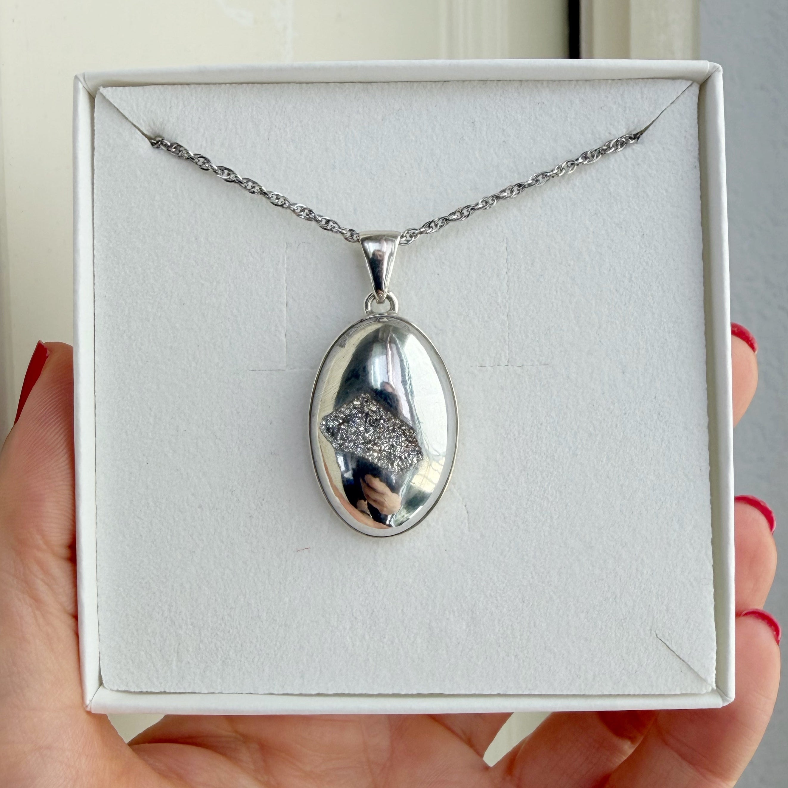 Ciondolo Drusa di Agata con Pirite Aura - Argento 925 - Ovale