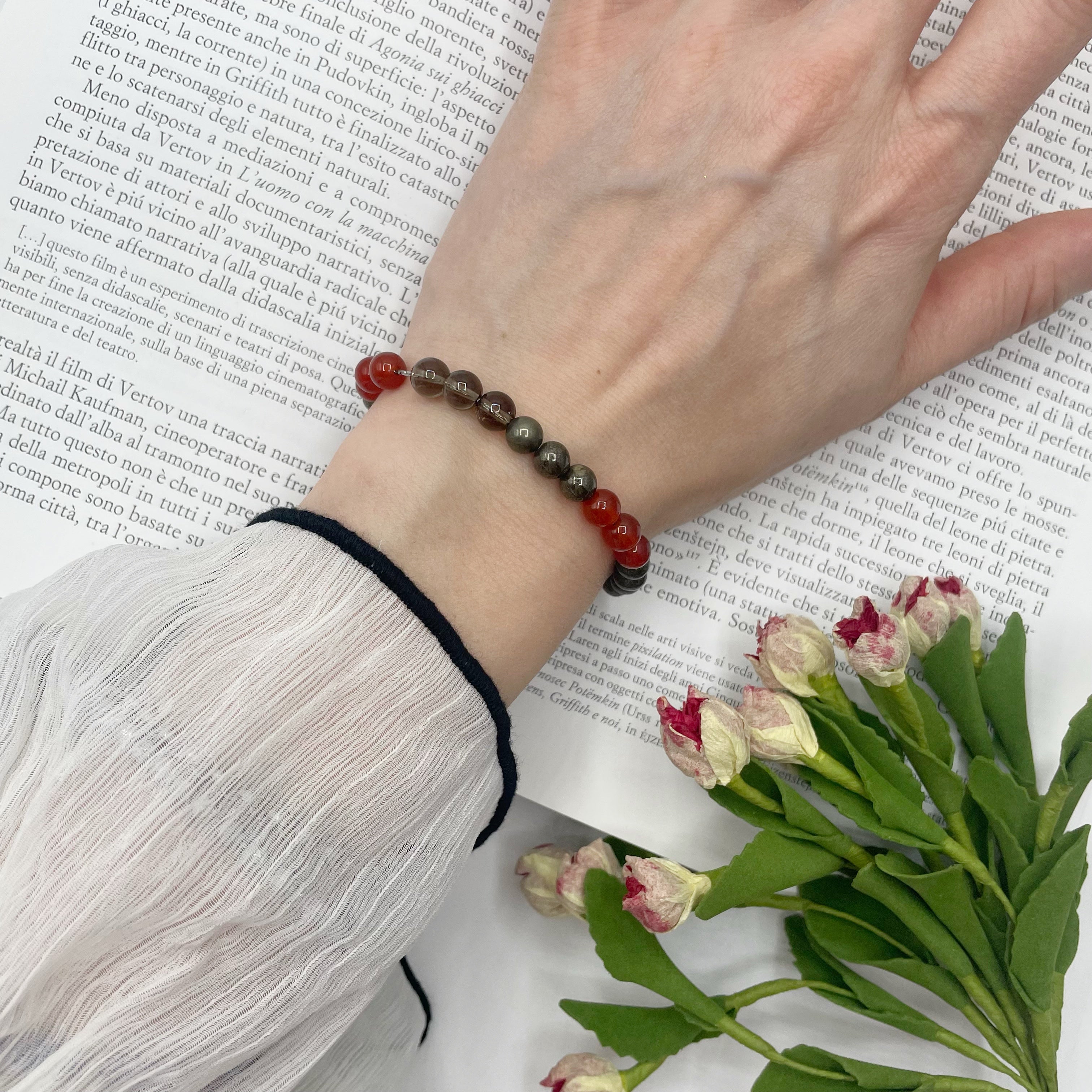 Bracciale Nuove Opportunità - Pirite, Corniola, Quarzo Fumè