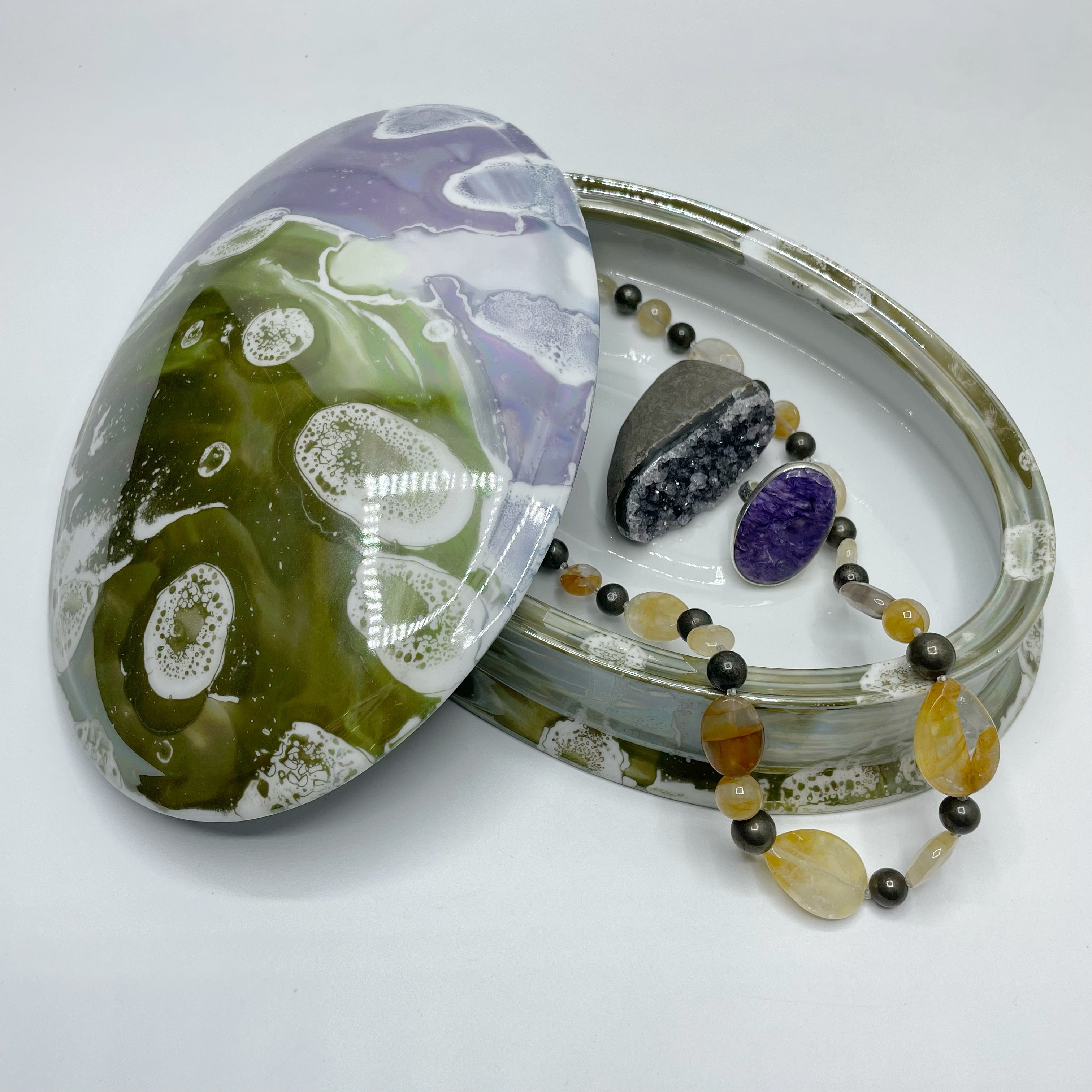 Portagioie Ovale, Porcellana dipinta a mano - Verde e Azzurro