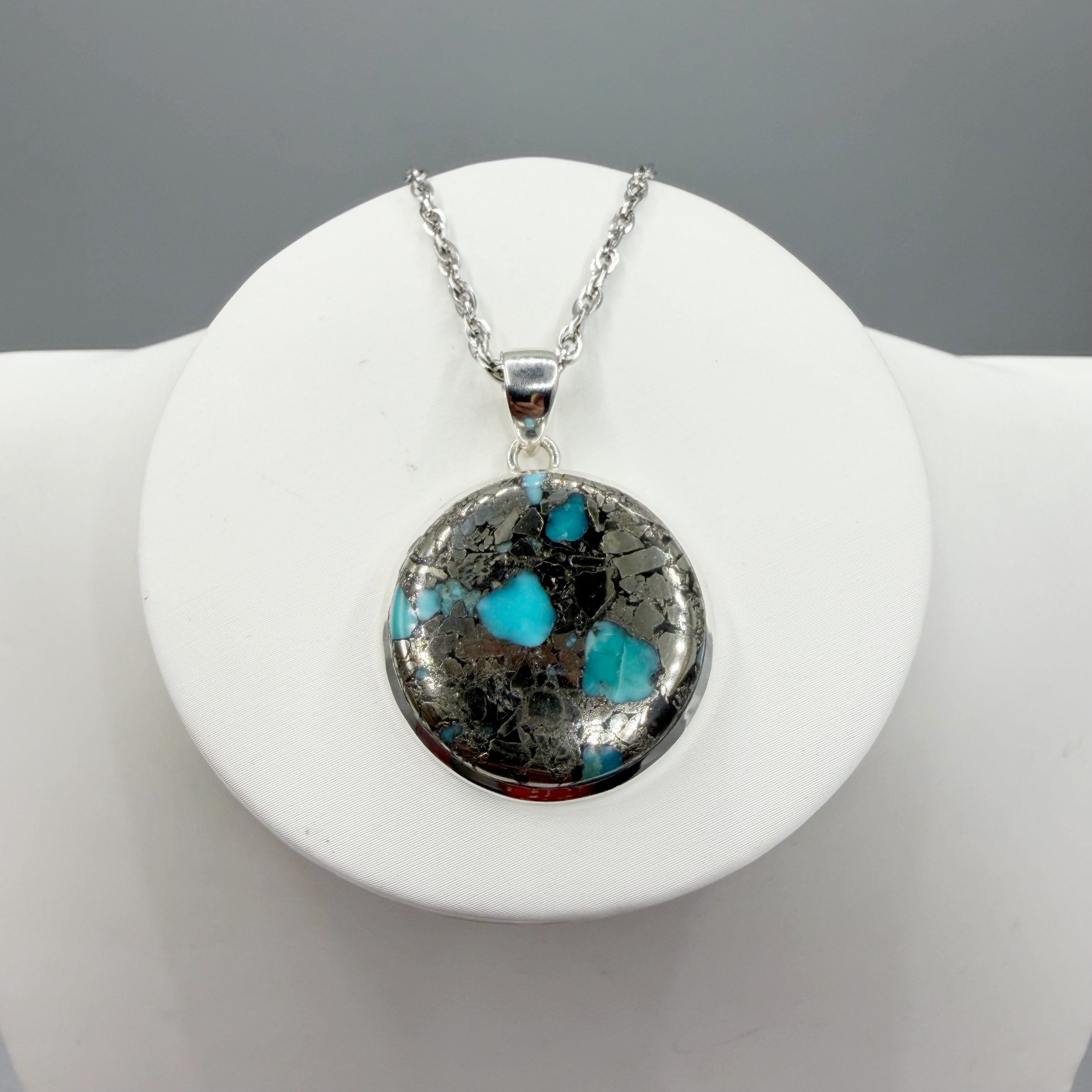 Ciondolo Turchese Naturale in Pirite | Argento 925 - Tondo