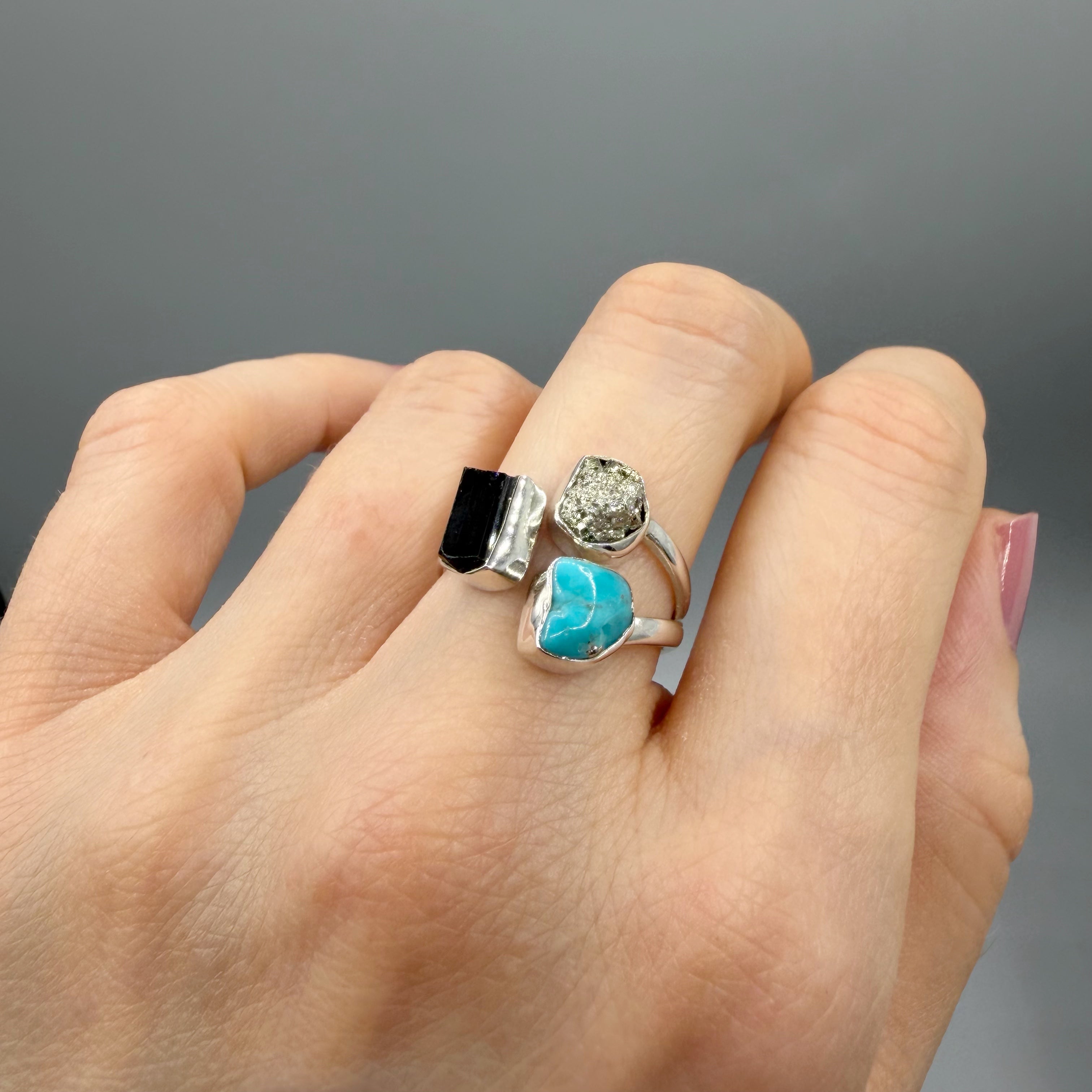 Anello Pirite, Turchese, Tormalina - Argento 925