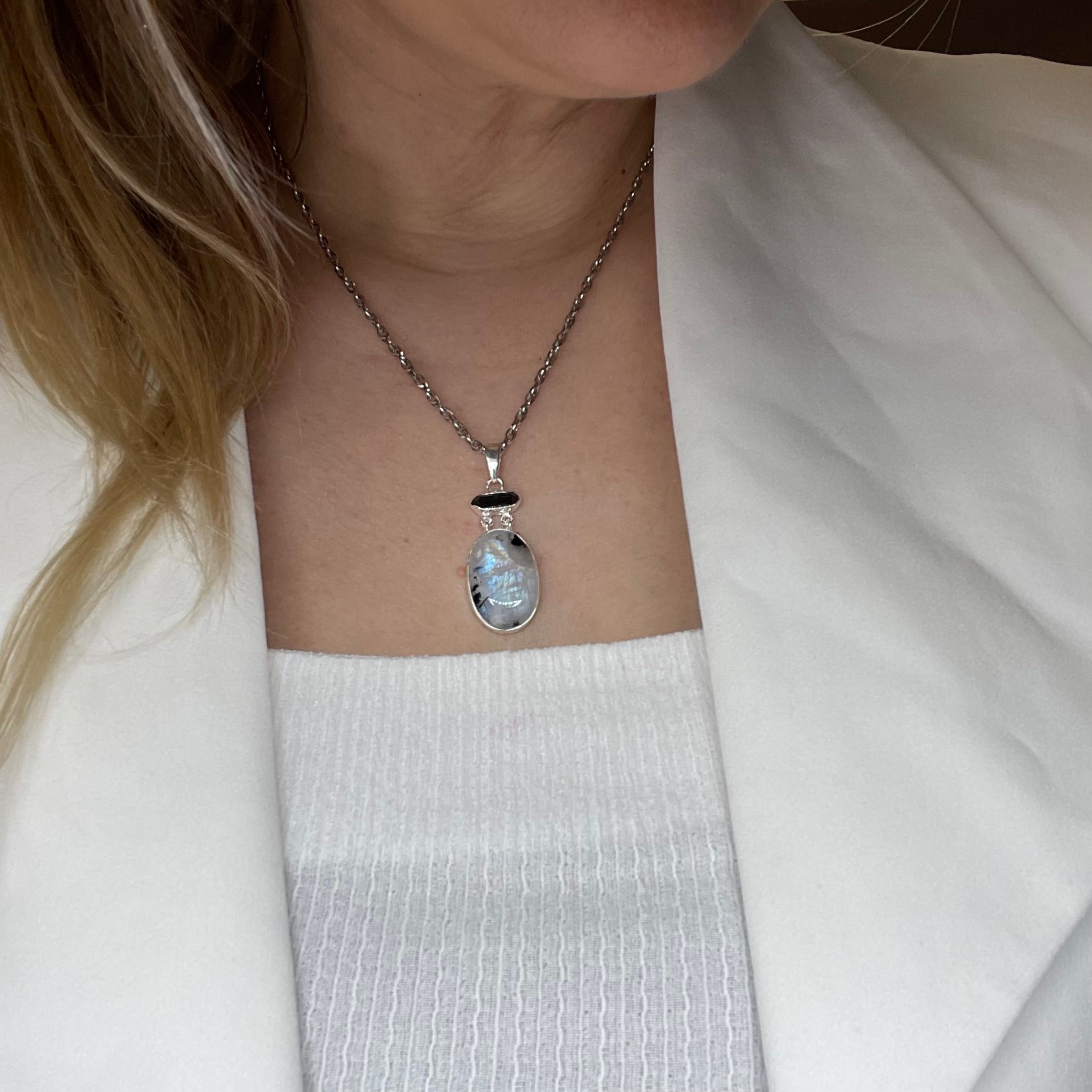 Ciondolo Labradorite e Tormalina Ovale - Argento 925