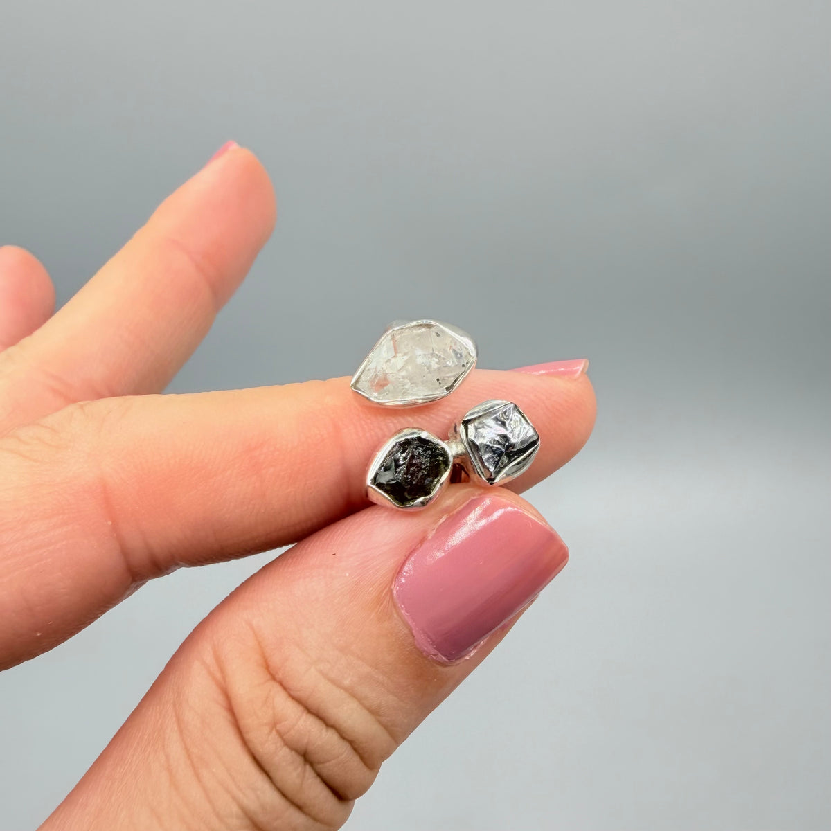 Anello Moldavite, Campo del Cielo e Diamante Herkimer | Argento 925