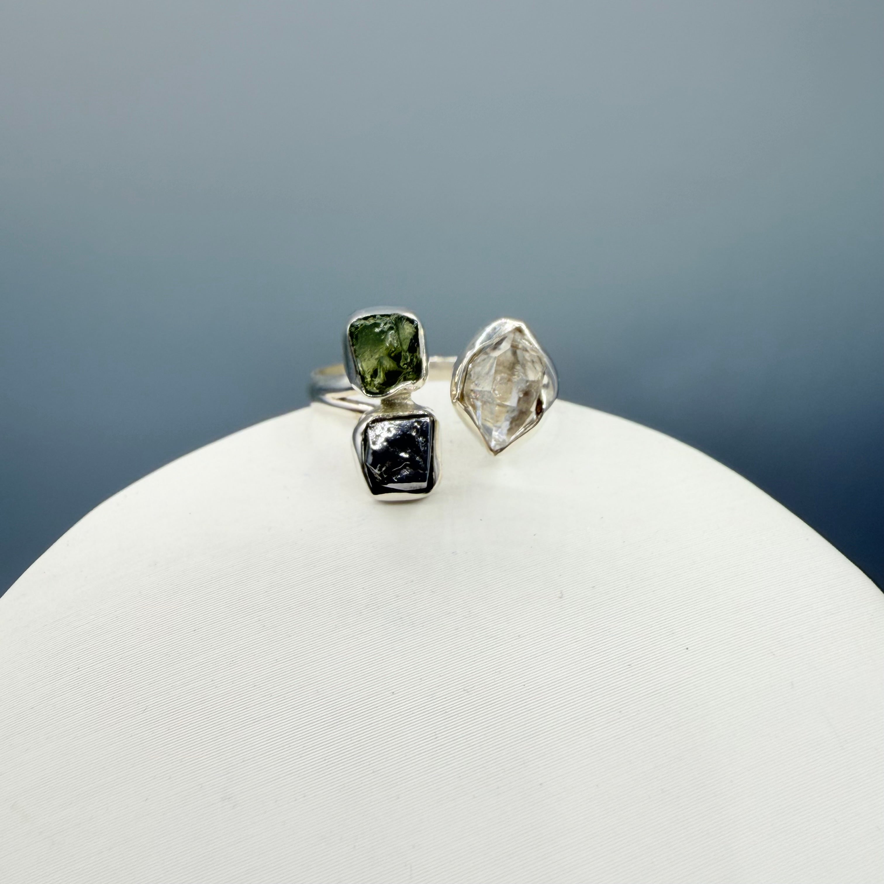 Anello Moldavite, Campo del Cielo e Diamante Herkimer | Argento 925