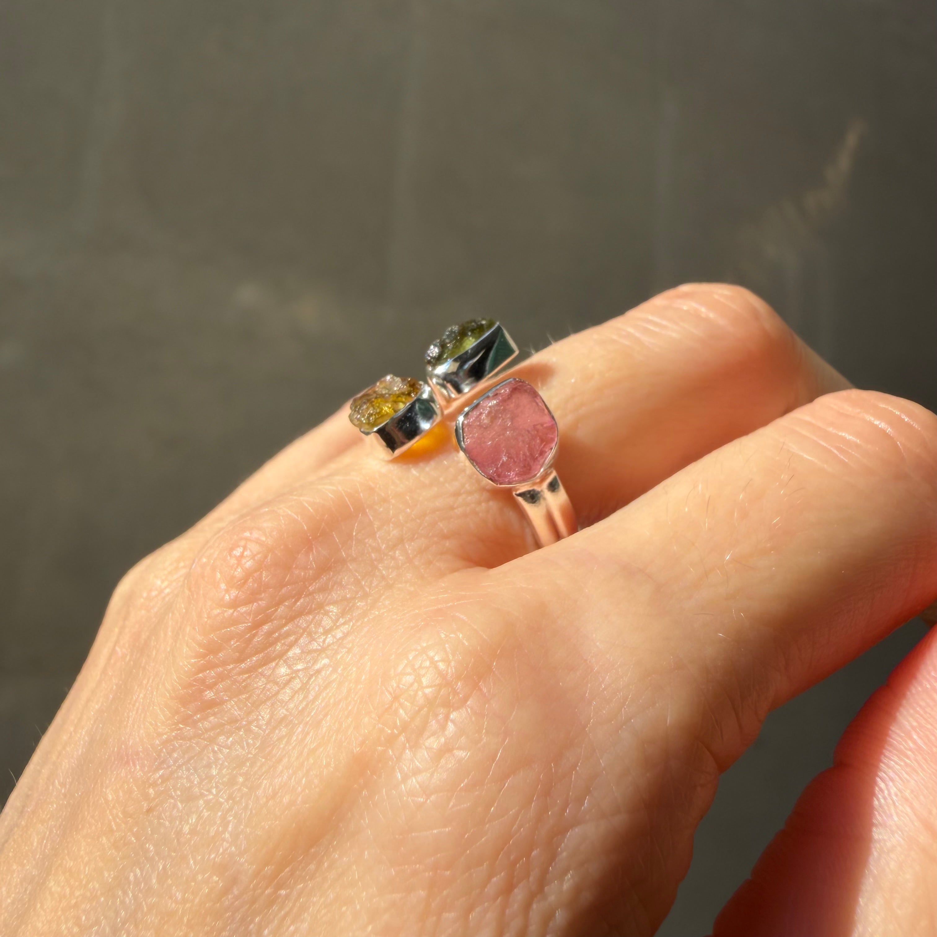 Anello Moldavite e Tormalina Policroma - Argento 925