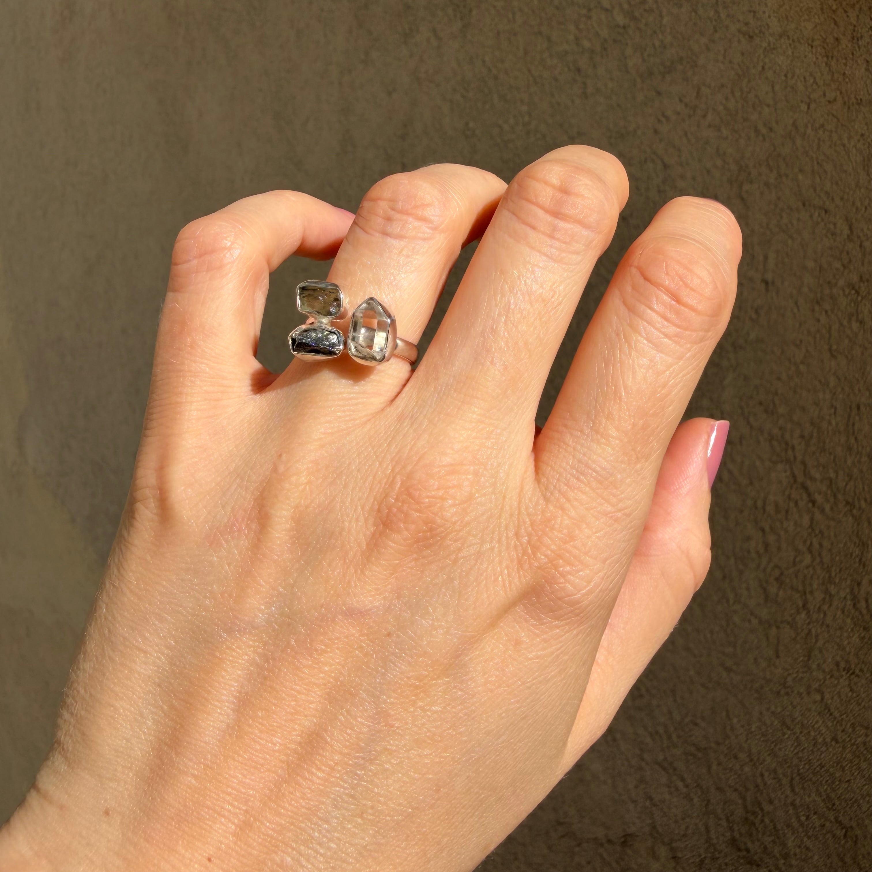Anello Moldavite, Campo del Cielo e Diamante Herkimer | Argento 925