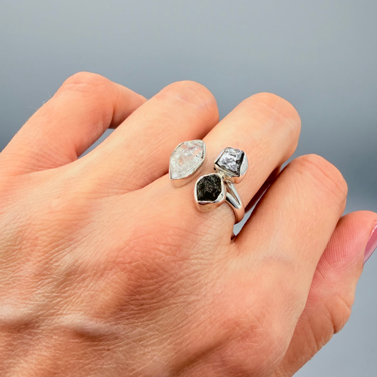 Anello Moldavite, Campo del Cielo e Diamante Herkimer | Argento 925