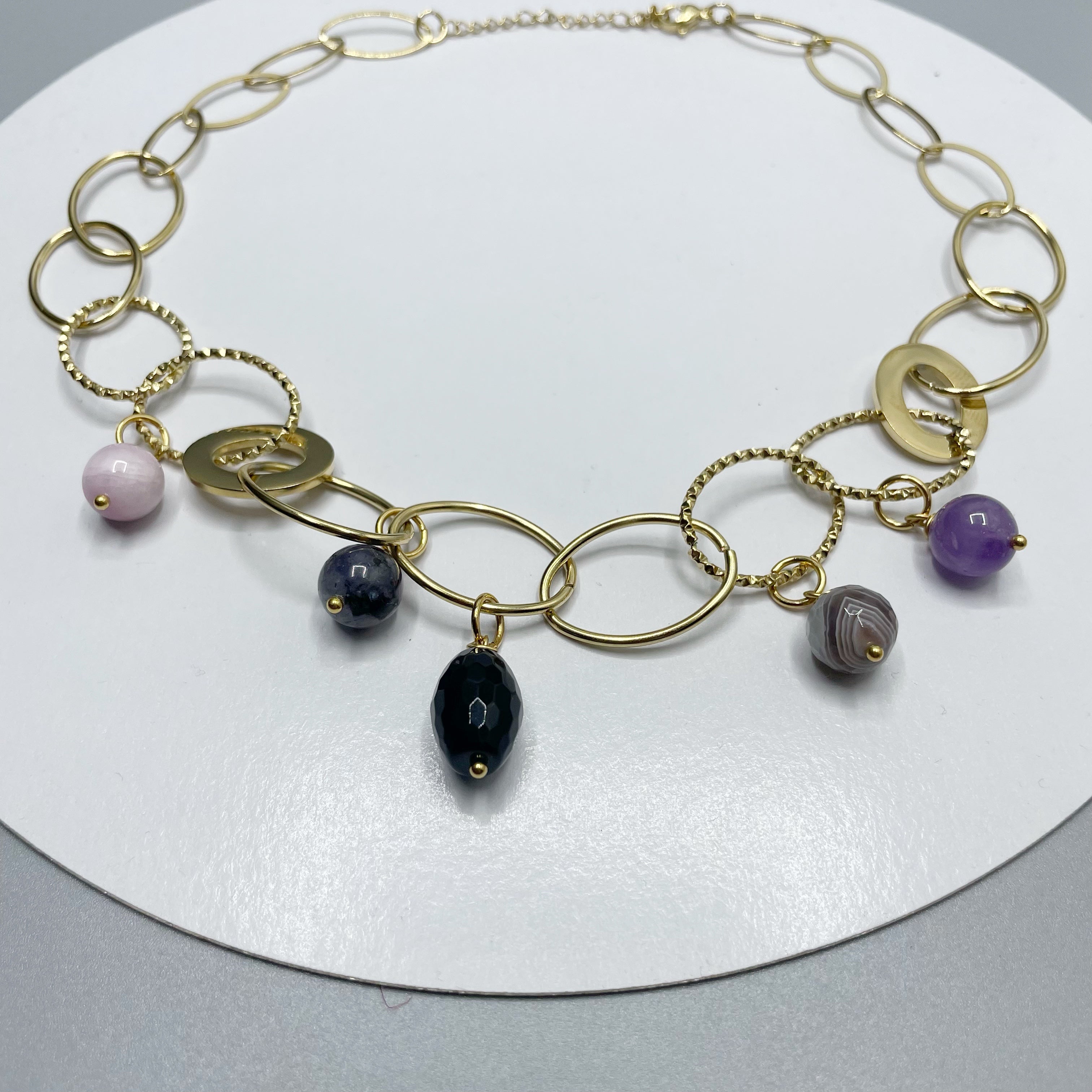 Girocollo Rinascita Gold - Kunzite, Larvikite, Onice, Occhio di Shiva, Super Seven