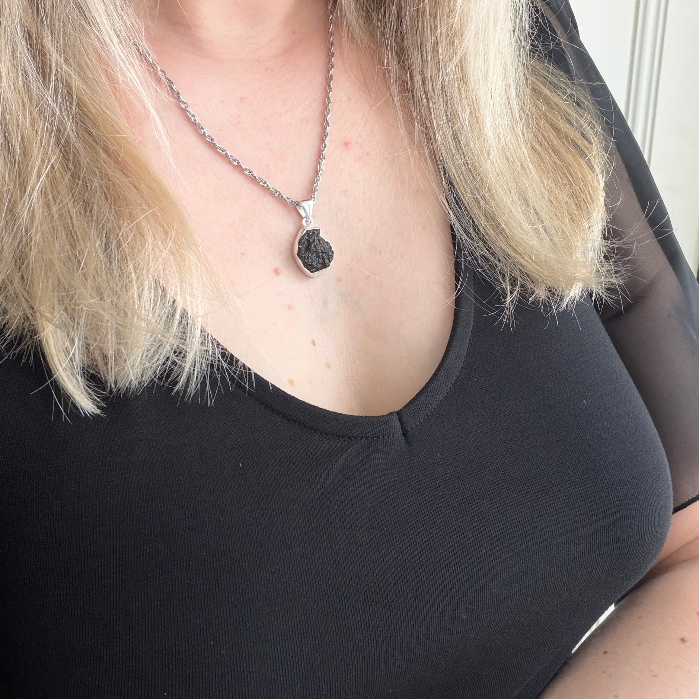 Ciondolo Moldavite Grezza e Argento 925 - tonda