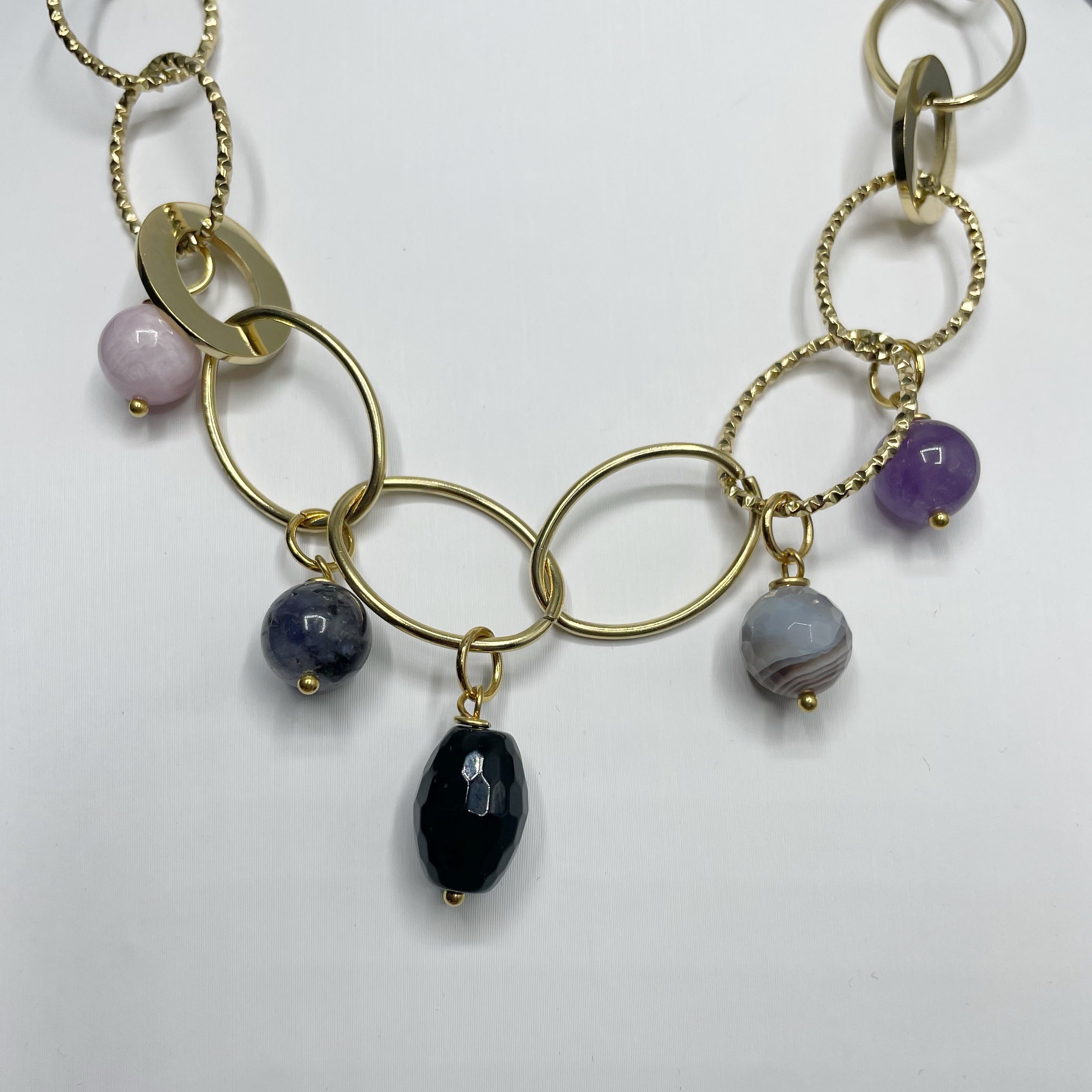 Girocollo Rinascita Gold - Kunzite, Larvikite, Onice, Occhio di Shiva, Super Seven