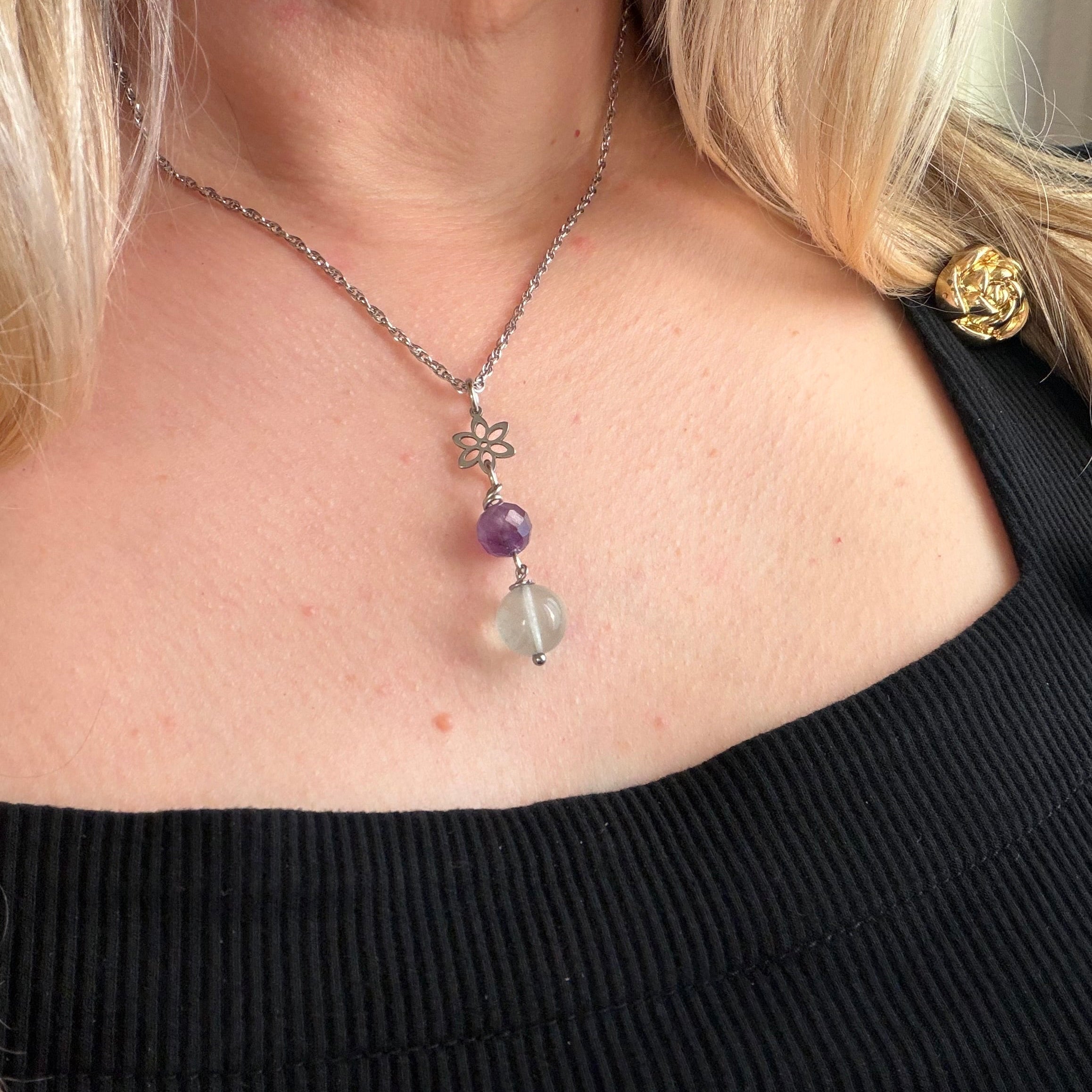 Ciondolo Serenità - Ametista e Fluorite - acciaio inossidabile