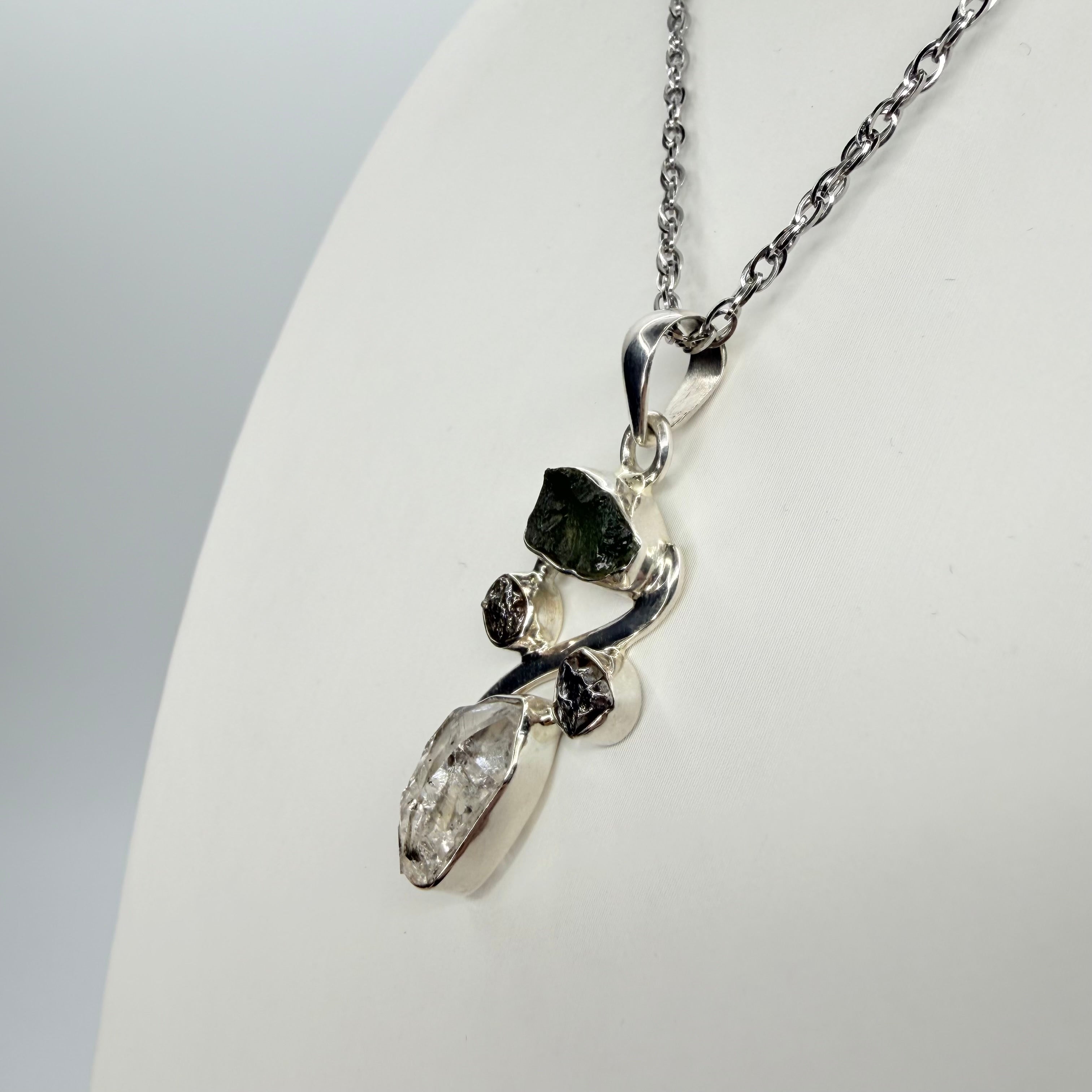 Ciondolo Moldavite, Campo del Cielo, Diamante Herkimer - Argento 925