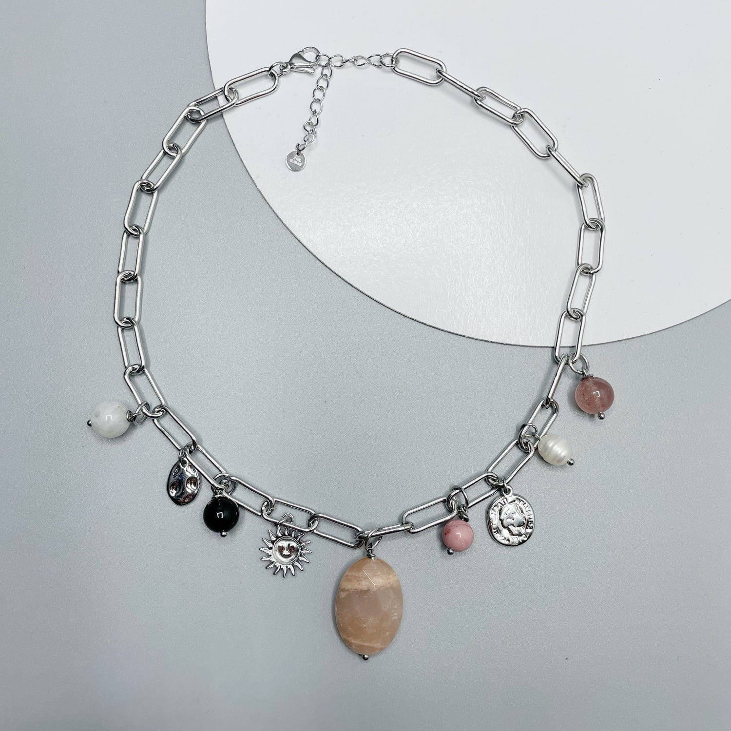 Girocollo Happiness Silver - Super Seven, Pietre di Luna, Rodonite, Labradorite, Fumè