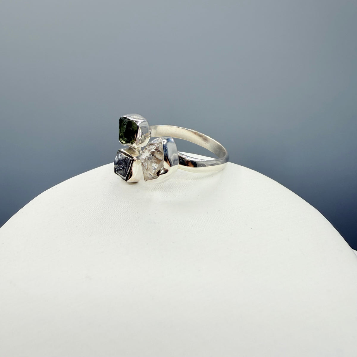 Anello Moldavite, Campo del Cielo e Diamante Herkimer | Argento 925