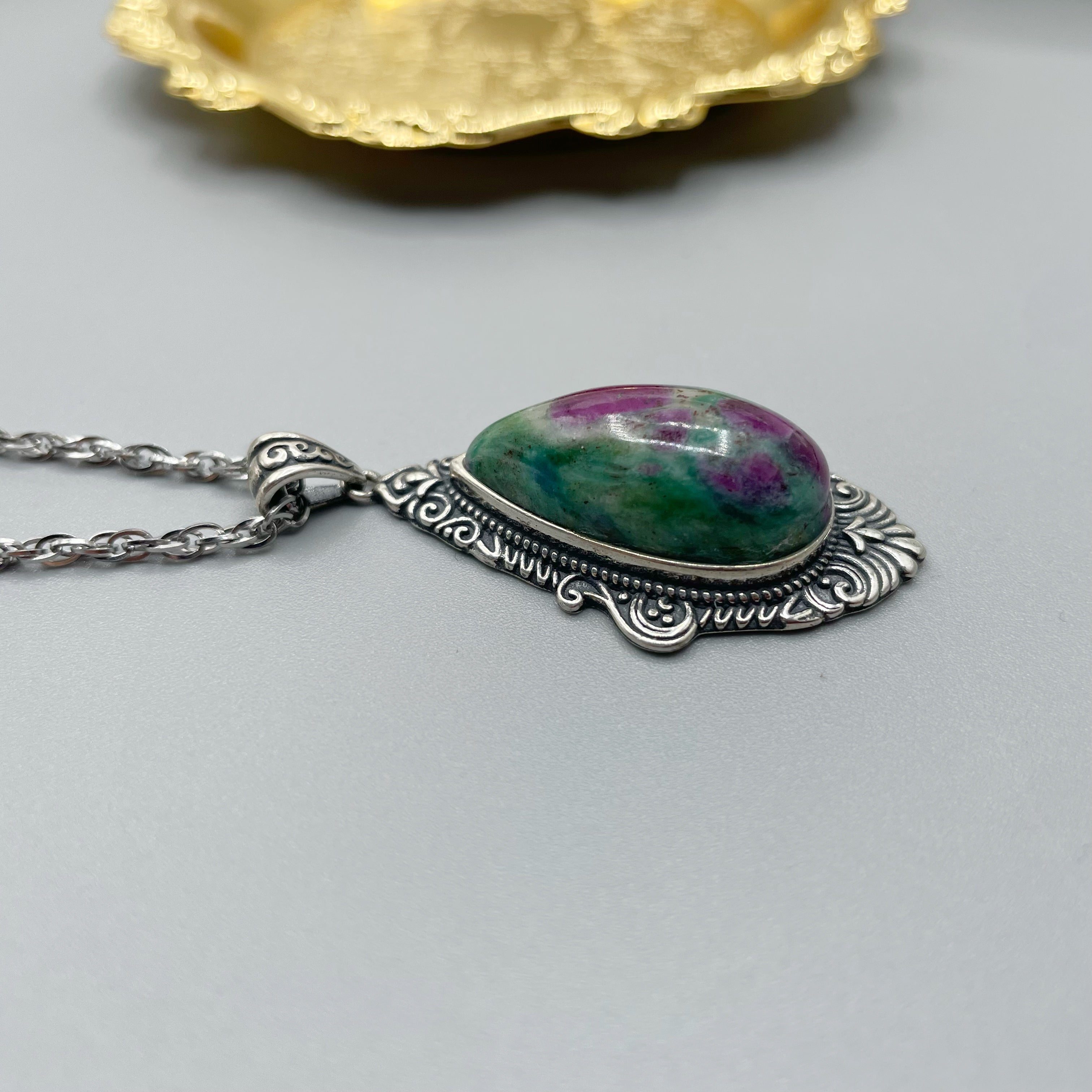 Ciondolo Rubino Fuchsite a Goccia - Argento 925