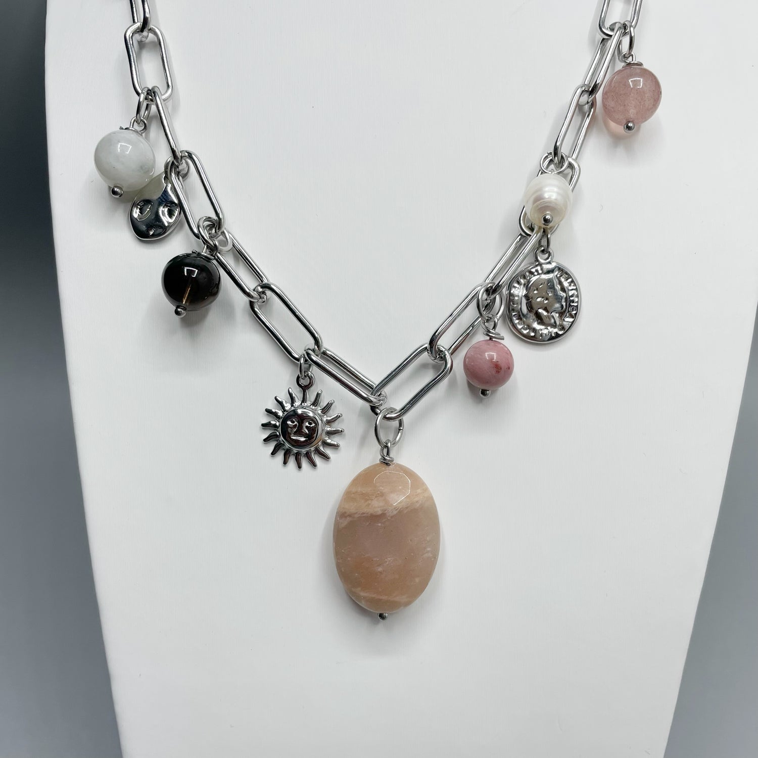 Girocollo Happiness Silver - Super Seven, Pietre di Luna, Rodonite, Labradorite, Fumè