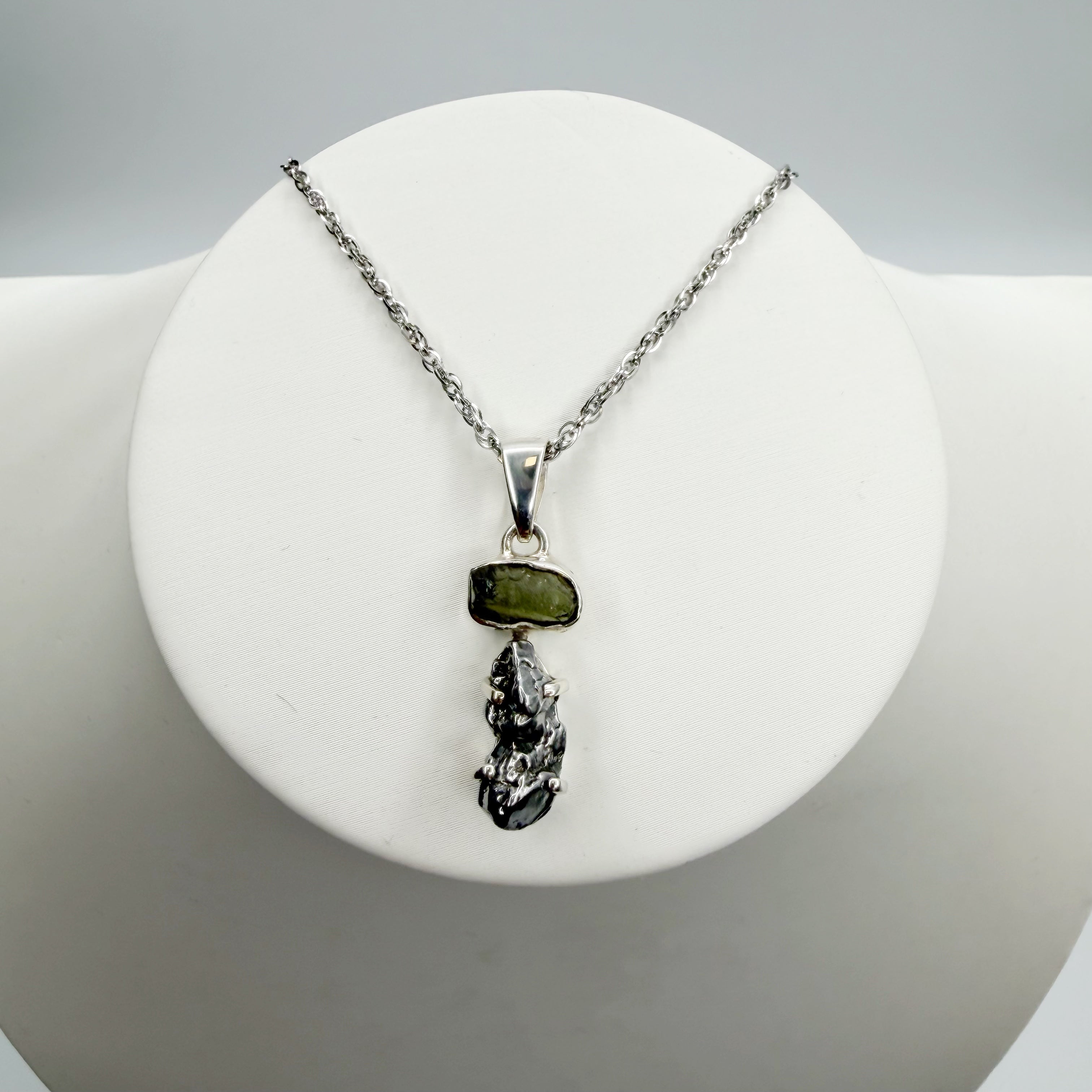 Ciondolo Moldavite e Meteorite Campo del Cielo - Argento 925