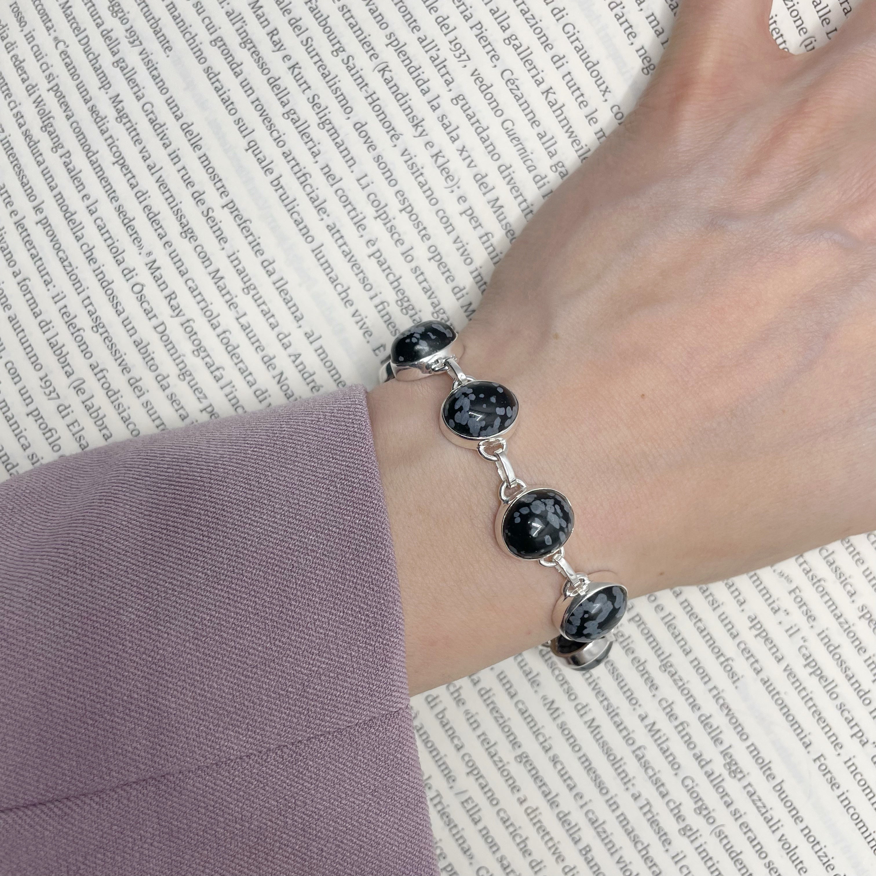 Bracciale Ossidiana Fiocco di Neve - Argento 925