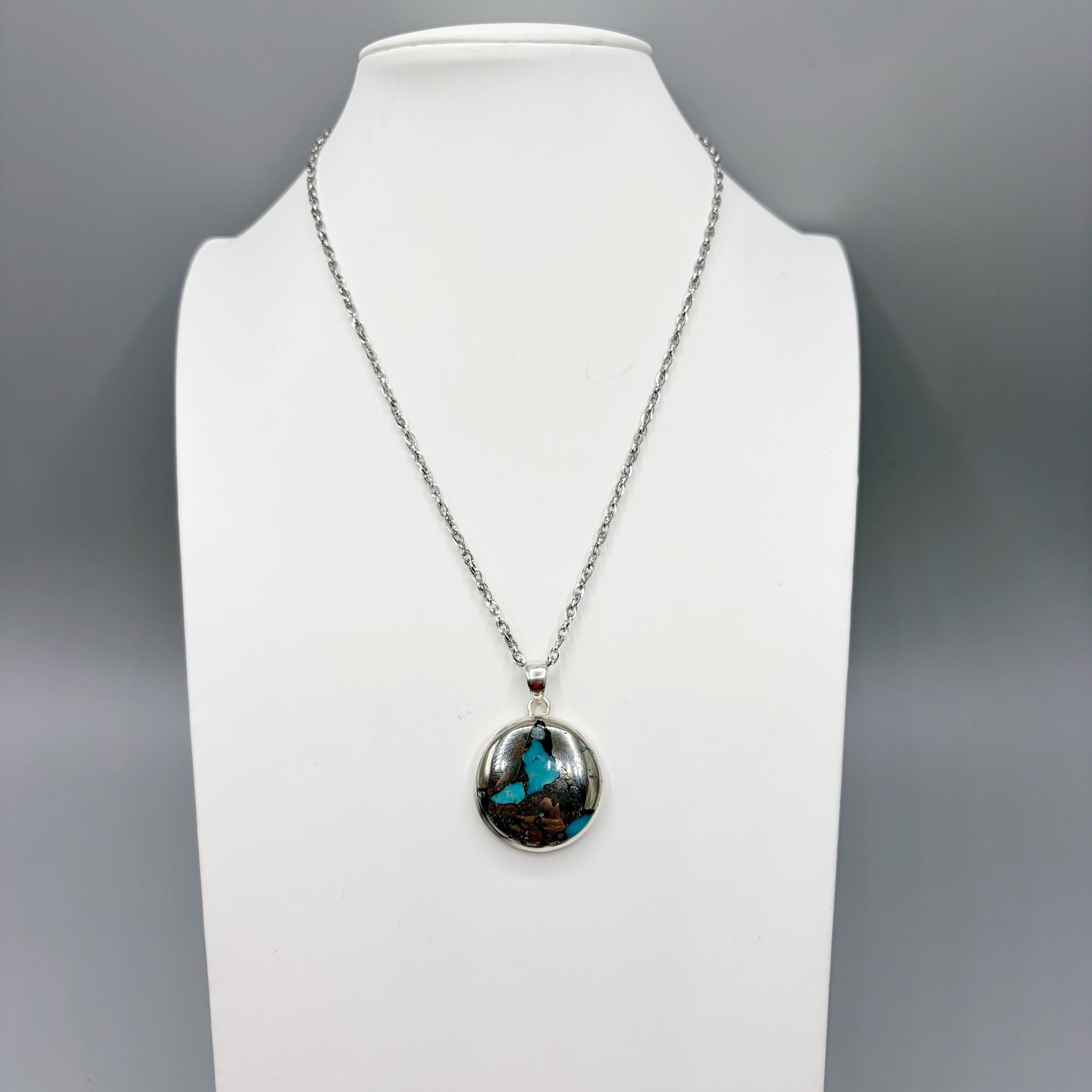 Ciondolo Turchese Naturale in Pirite | Argento 925 - Tondo