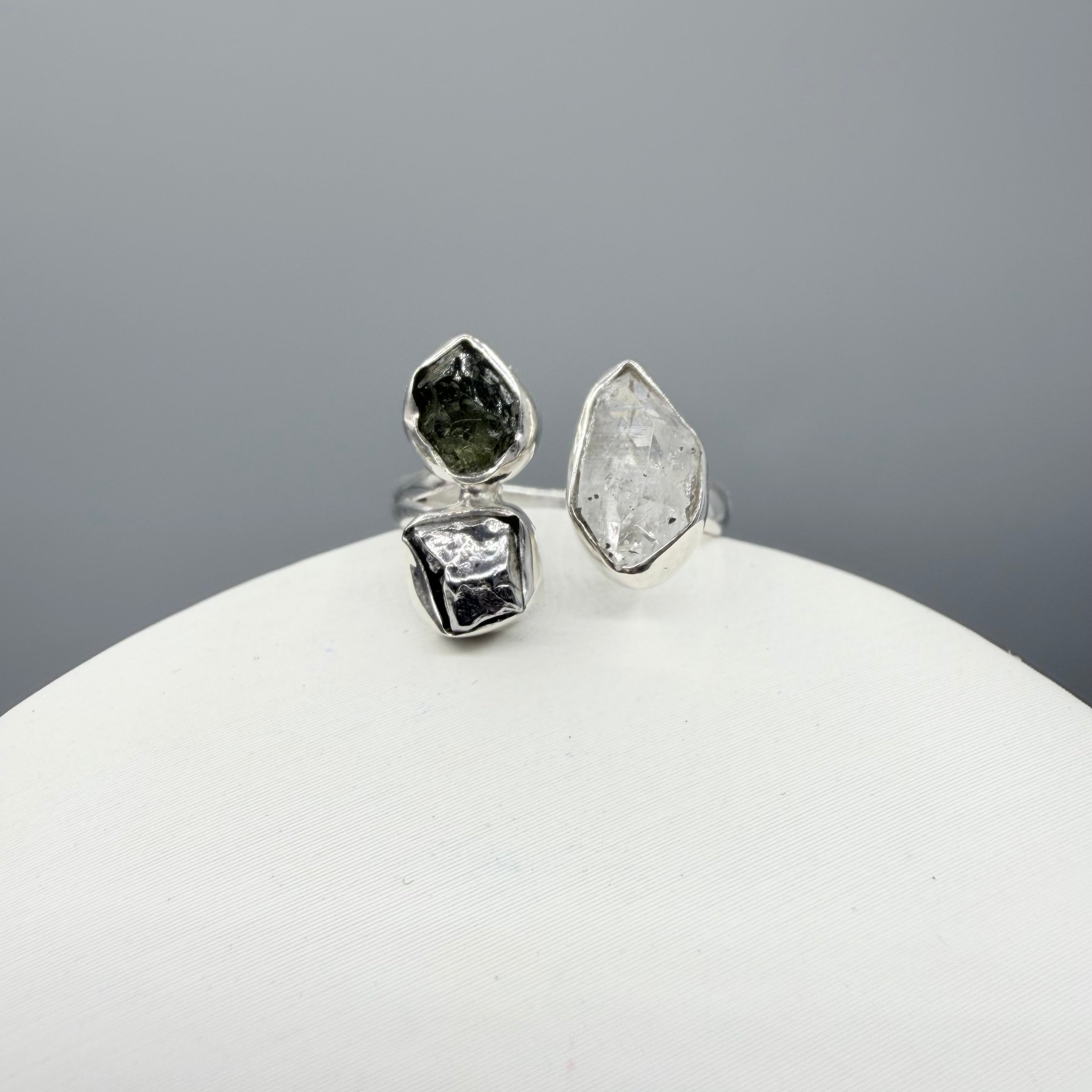 Anello Moldavite, Campo del Cielo e Diamante Herkimer | Argento 925