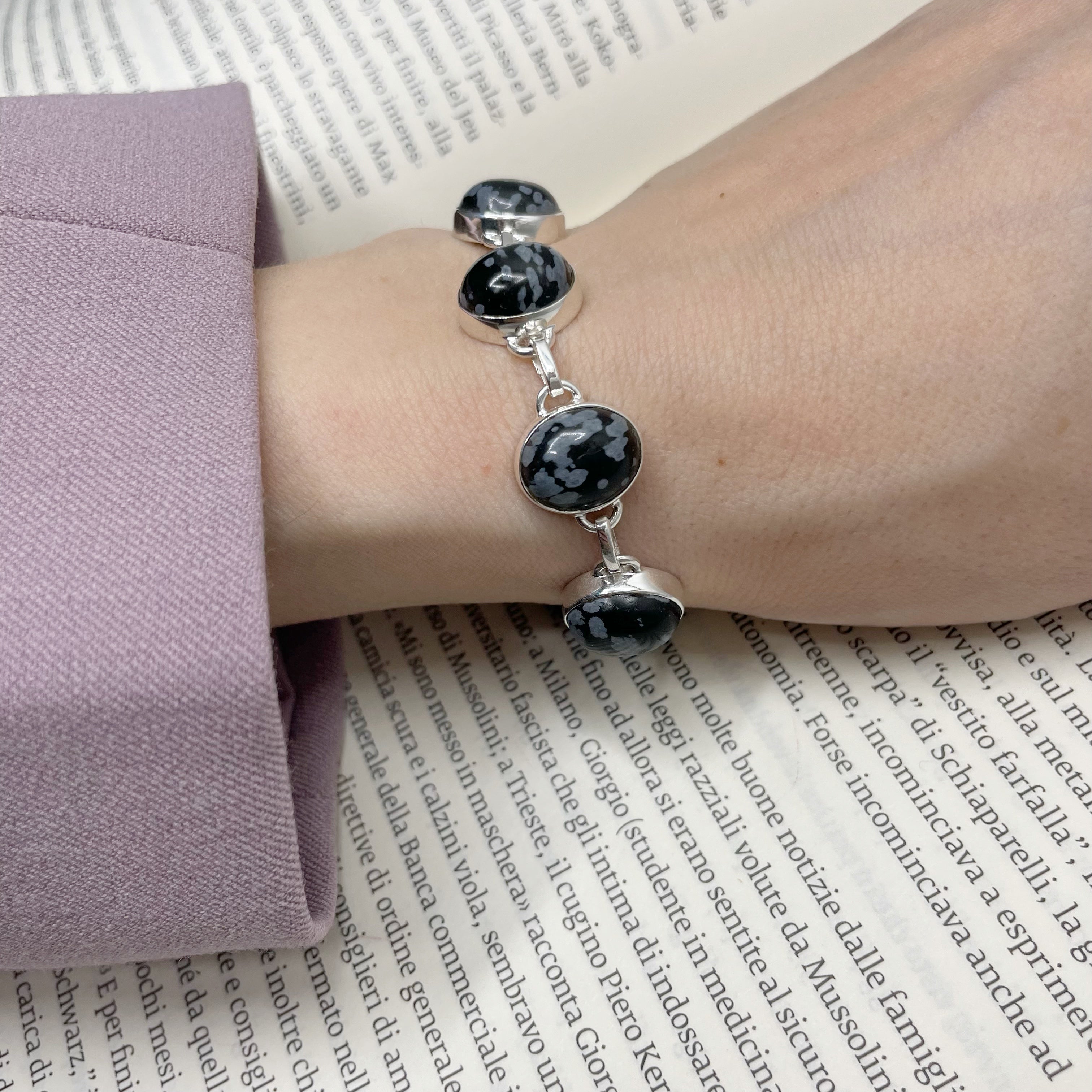 Bracciale Ossidiana Fiocco di Neve - Argento 925