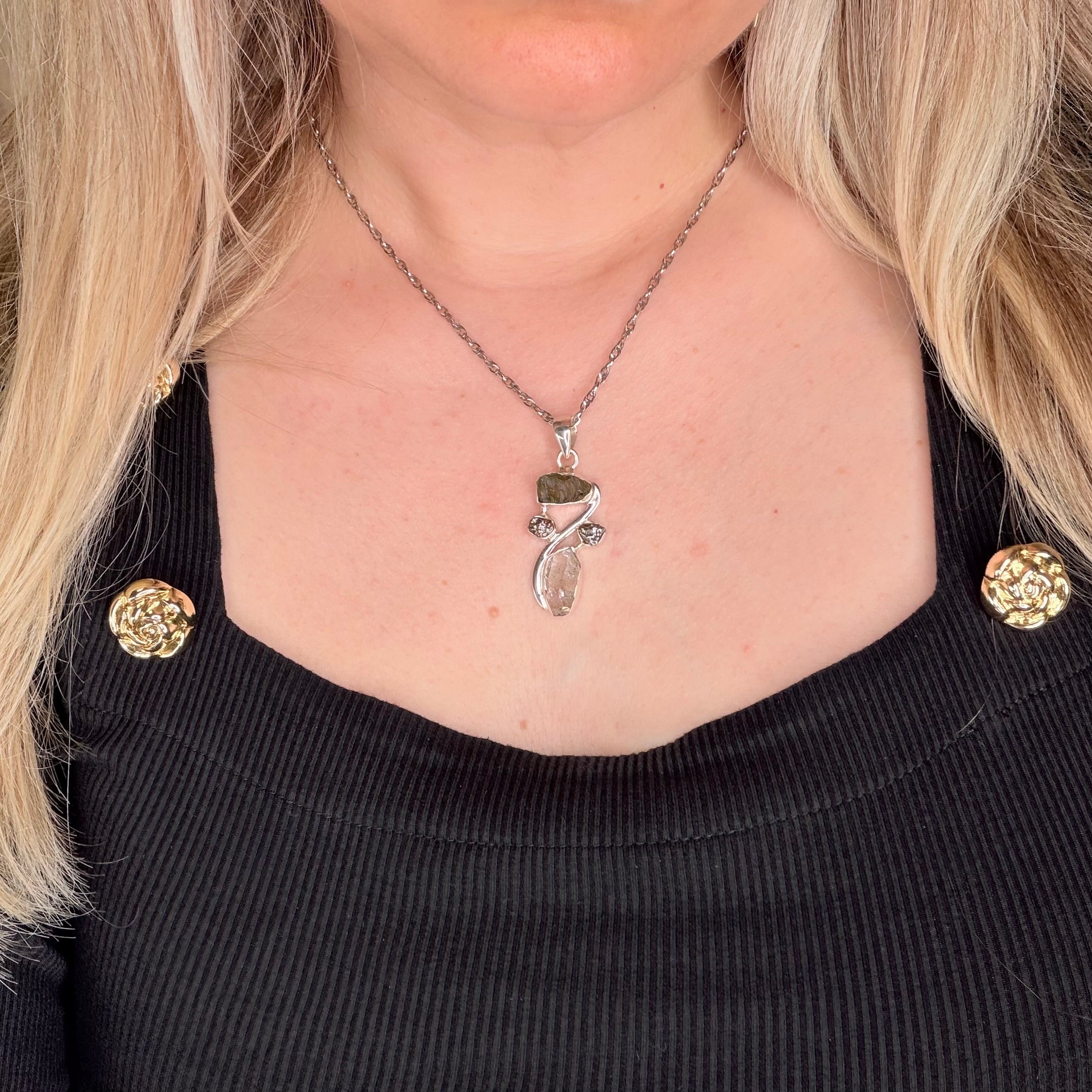 Ciondolo Moldavite, Campo del Cielo, Diamante Herkimer - Argento 925