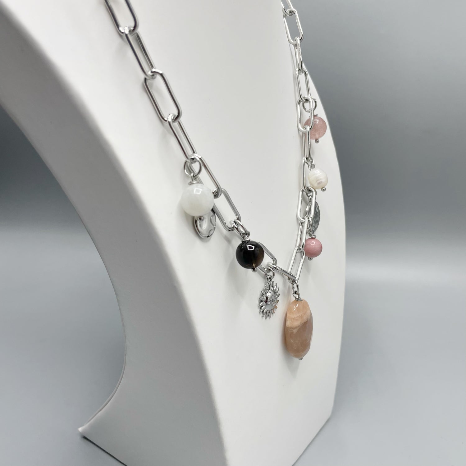 Girocollo Happiness Silver - Super Seven, Pietre di Luna, Rodonite, Labradorite, Fumè