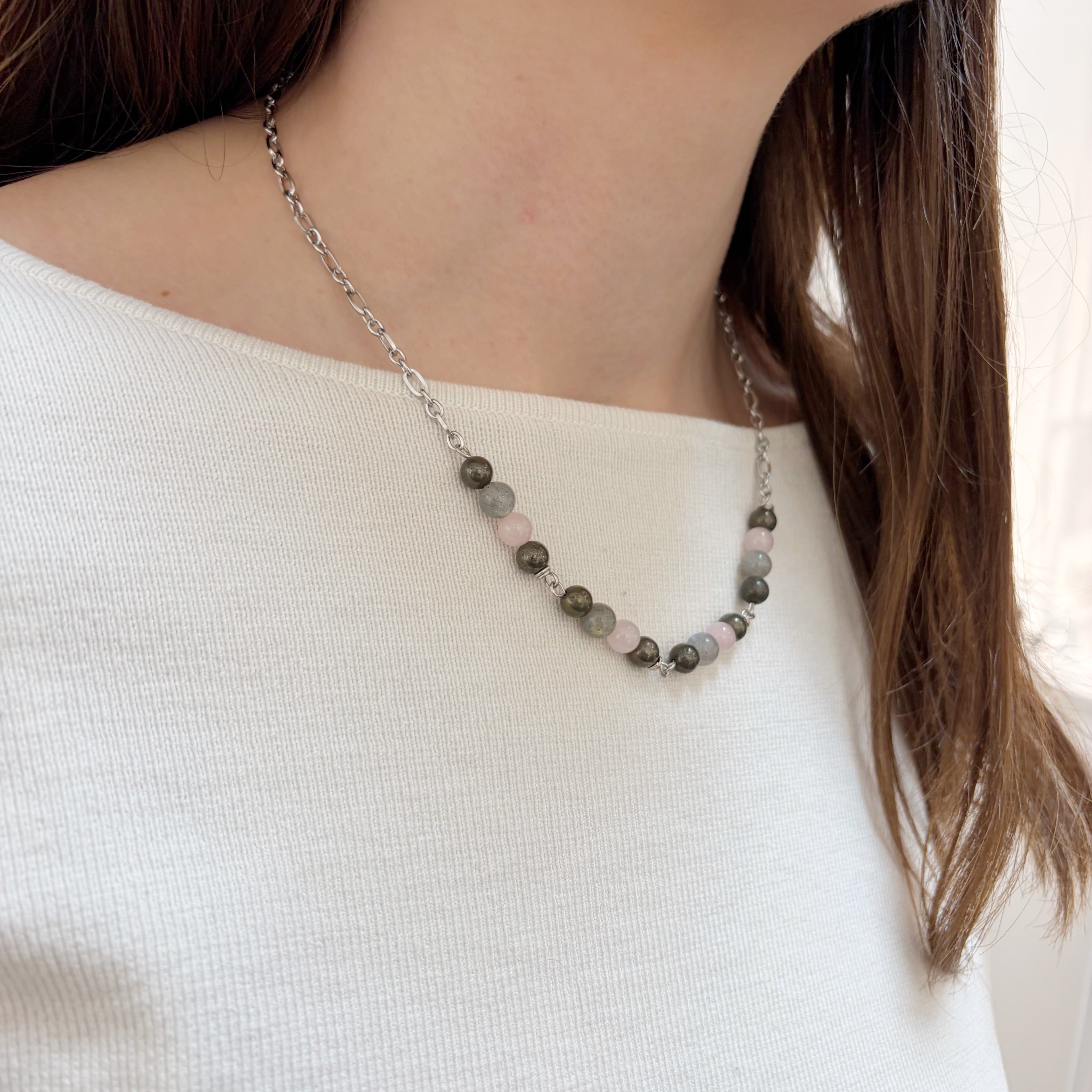 Girocollo Abbondanza - Pirite, Quarzo Rosa, Labradorite