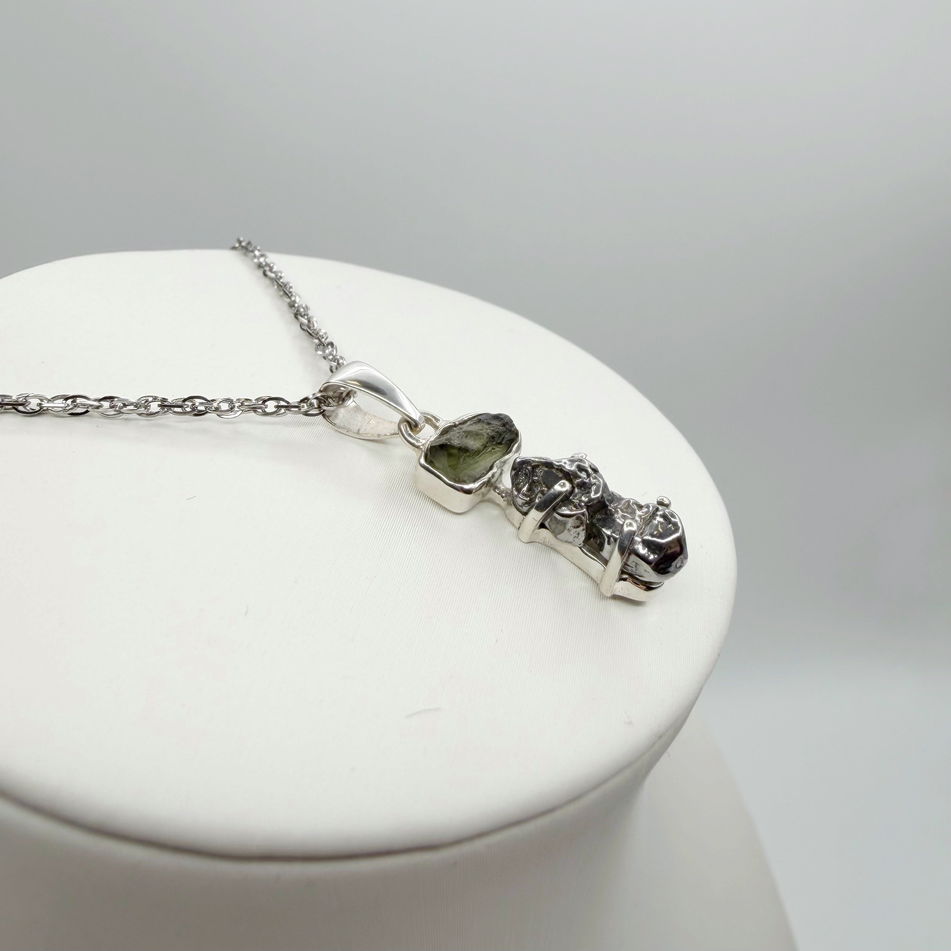 Ciondolo Moldavite e Meteorite Campo del Cielo - Argento 925