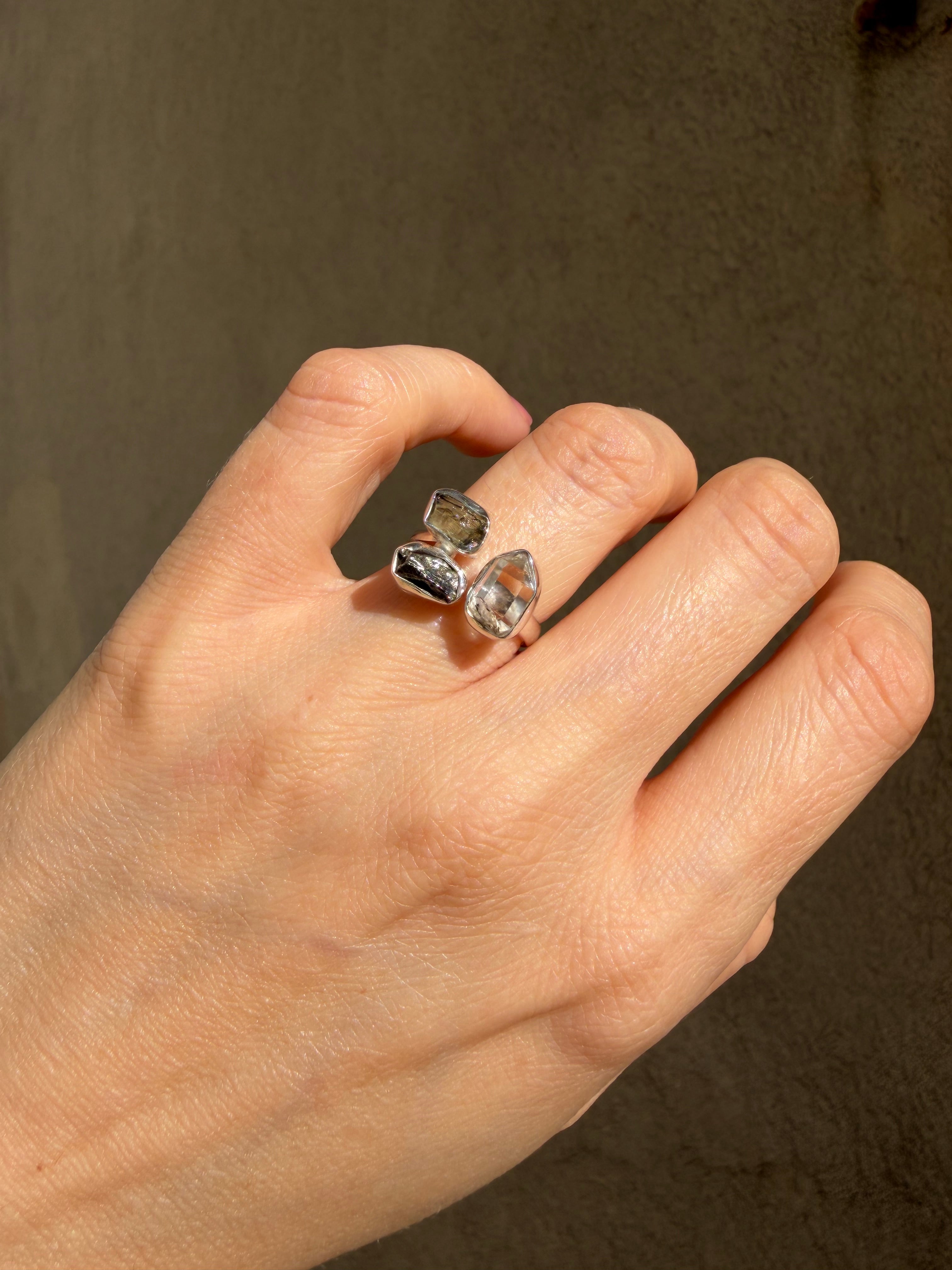Anello Moldavite, Campo del Cielo e Diamante Herkimer | Argento 925