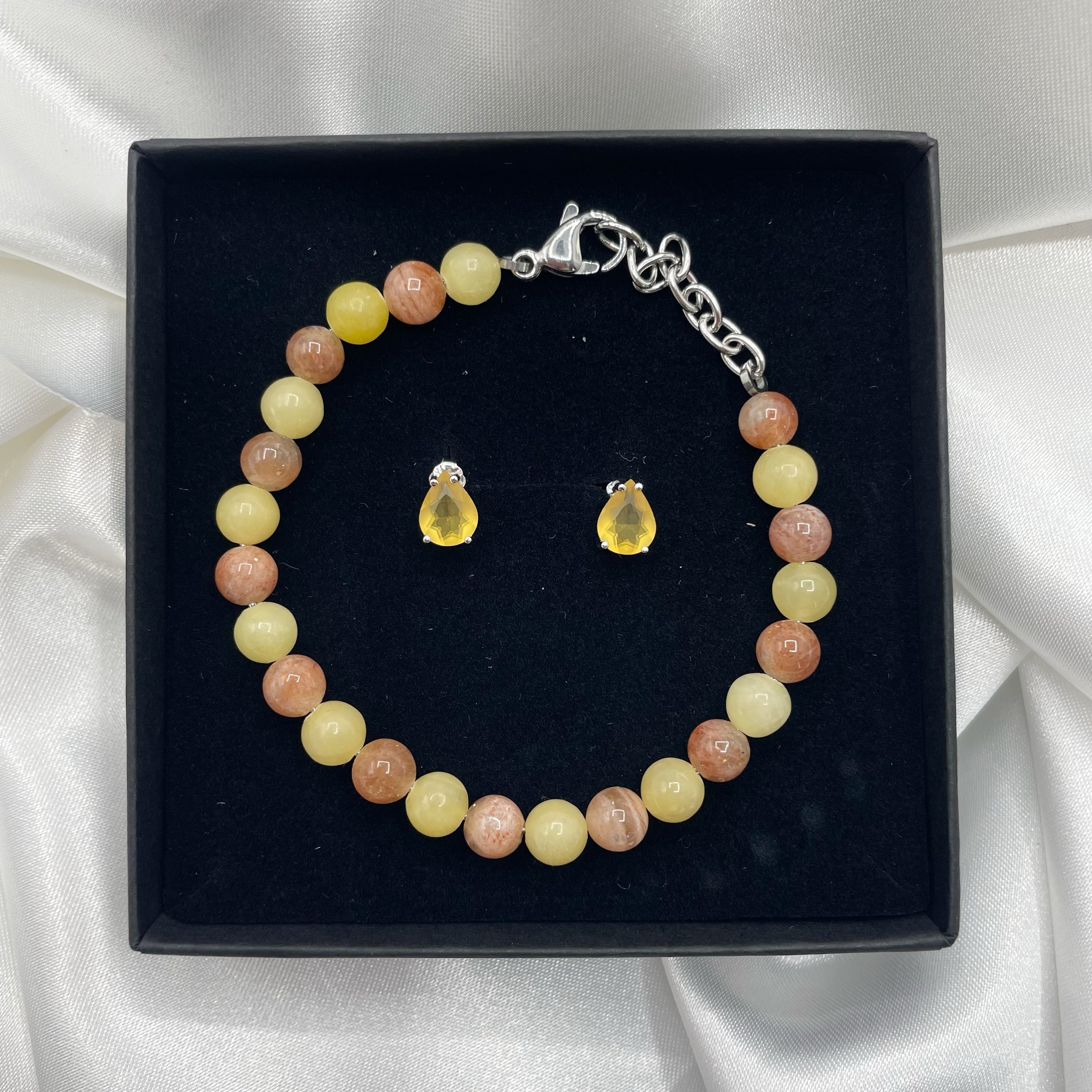 Set Bracciale Calcite, Pietra del Sole e Orecchini Topazio