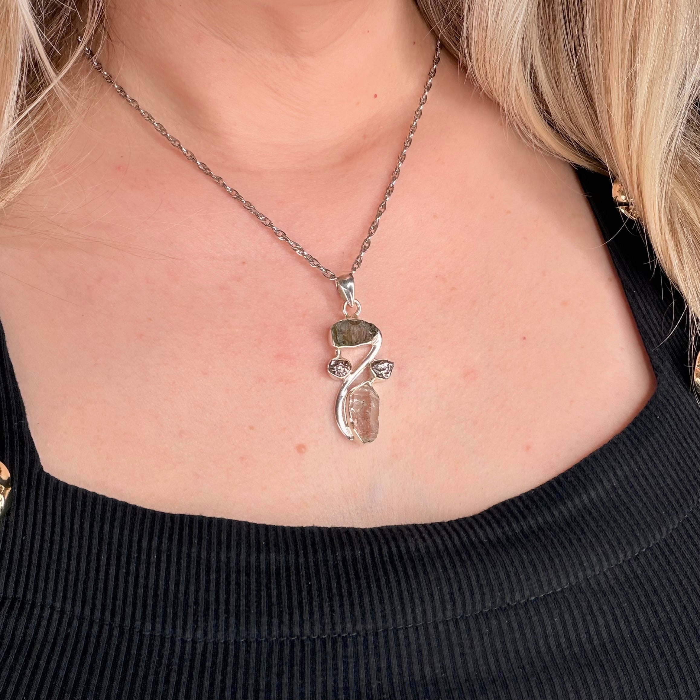 Ciondolo Moldavite, Campo del Cielo, Diamante Herkimer - Argento 925