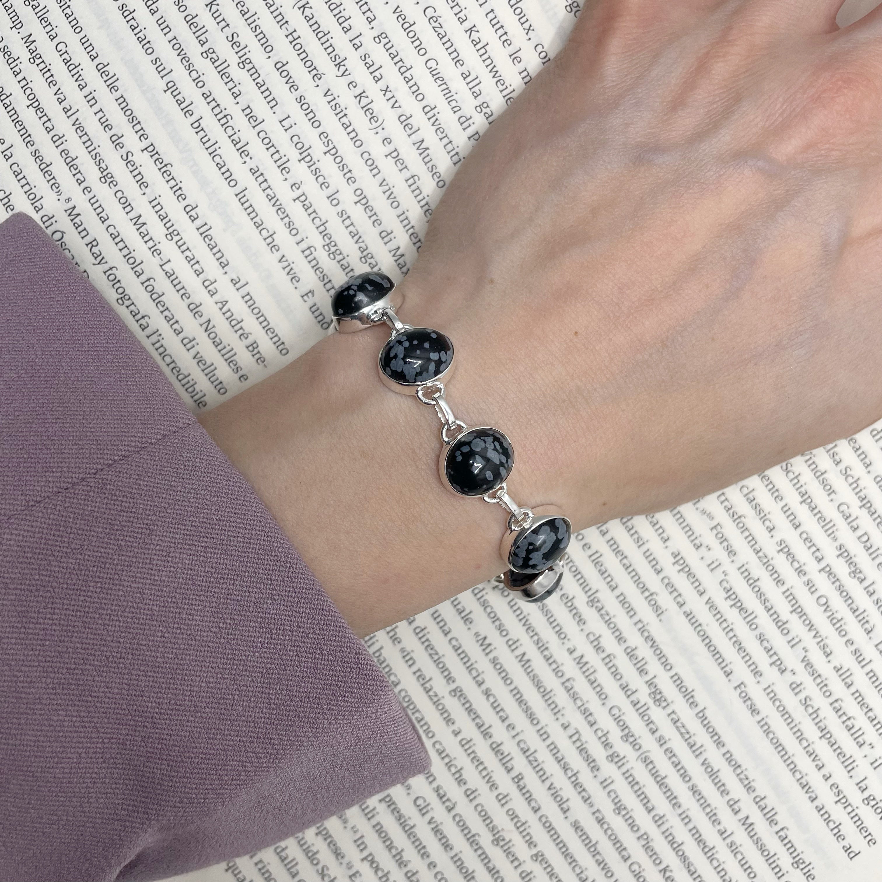 Bracciale Ossidiana Fiocco di Neve - Argento 925