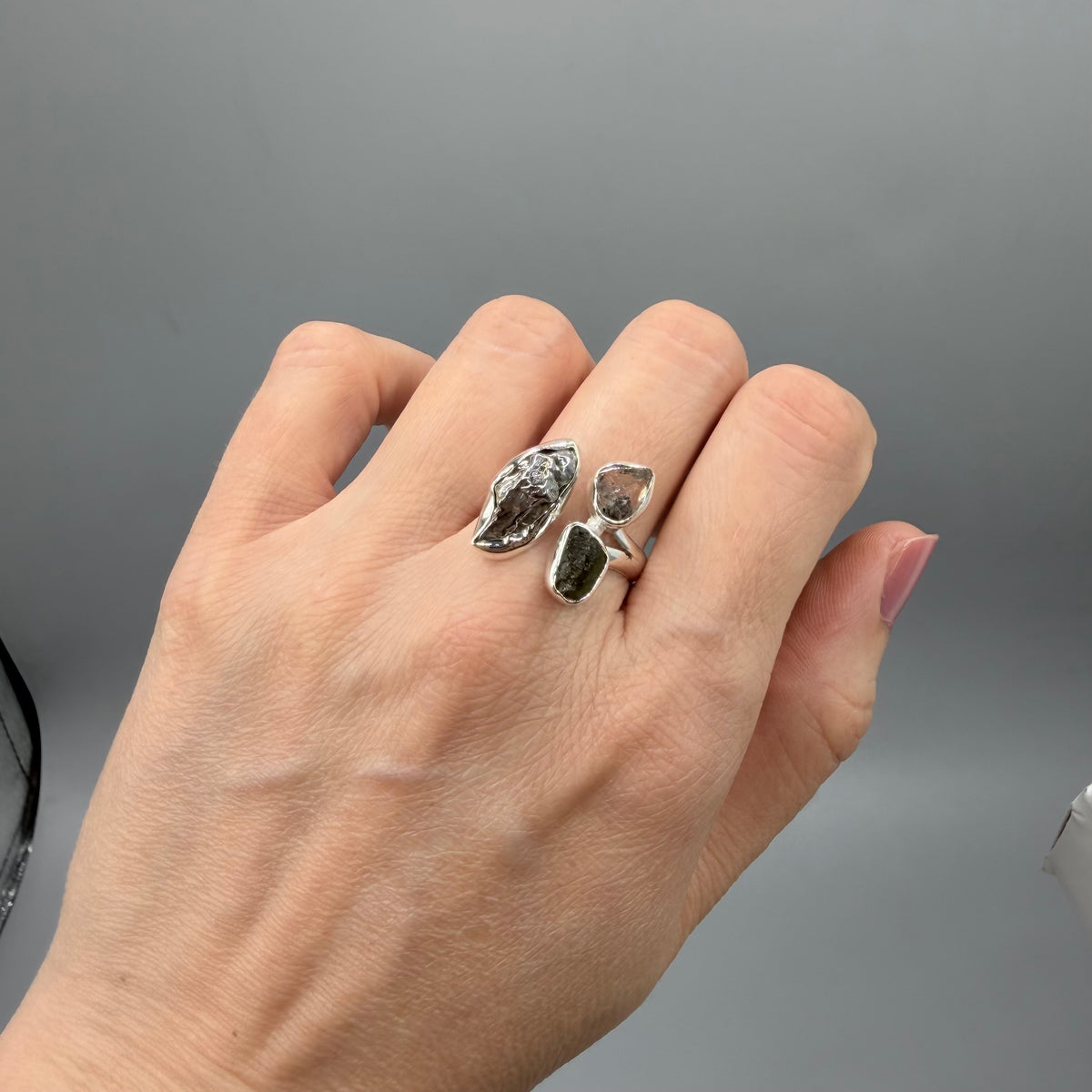 Anello Moldavite, Campo del Cielo e Diamante Herkimer | Argento 925