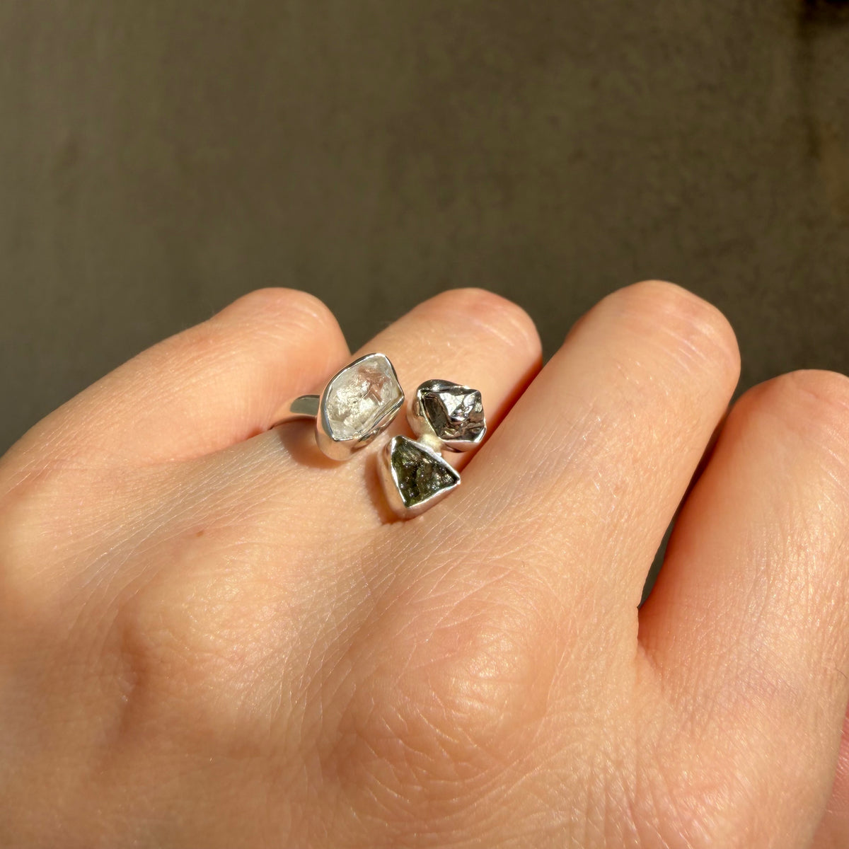 Anello Moldavite, Campo del Cielo e Diamante Herkimer | Argento 925
